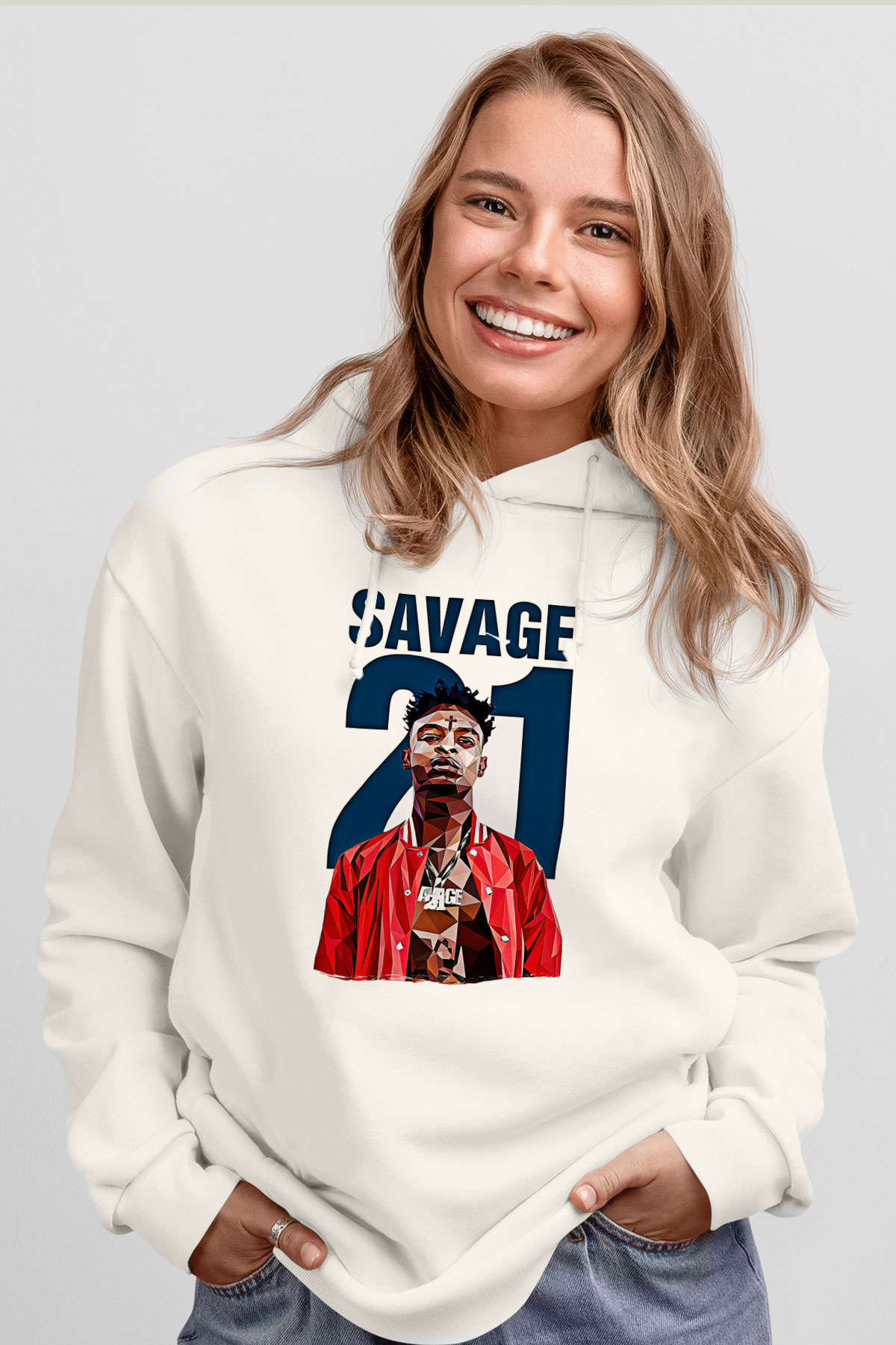21 Savage Baskılı Beyaz Unisex Kapüşonlu Sweatshirt