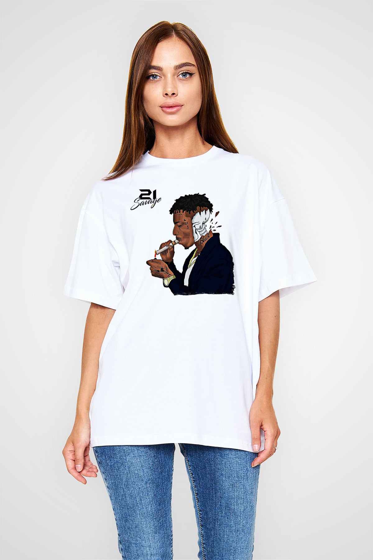 21 Savage Baskılı Beyaz Unisex Oversize Tişört - Tshirt