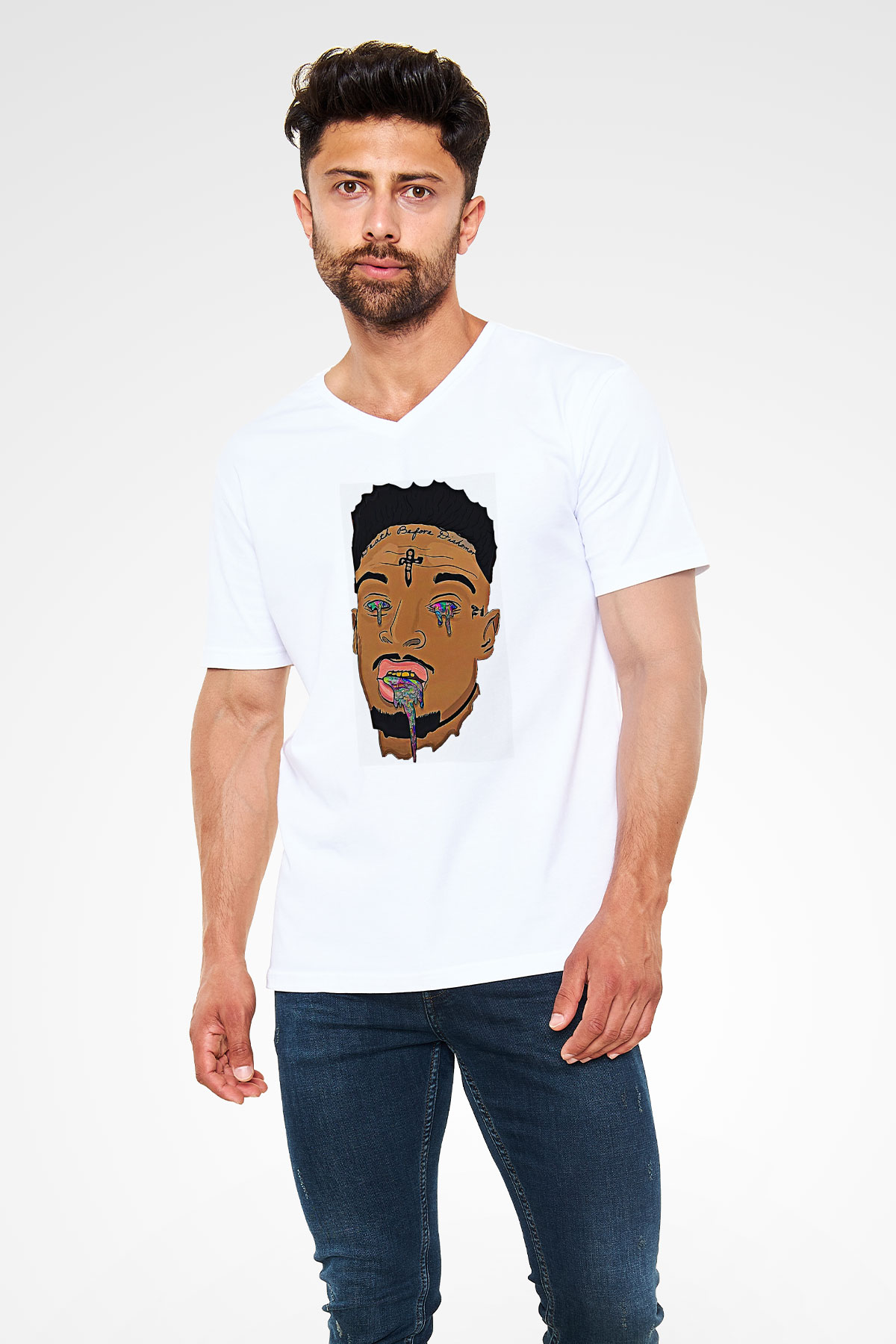 21 Savage Baskılı Beyaz Unisex V Yaka Tişört - Tshirt