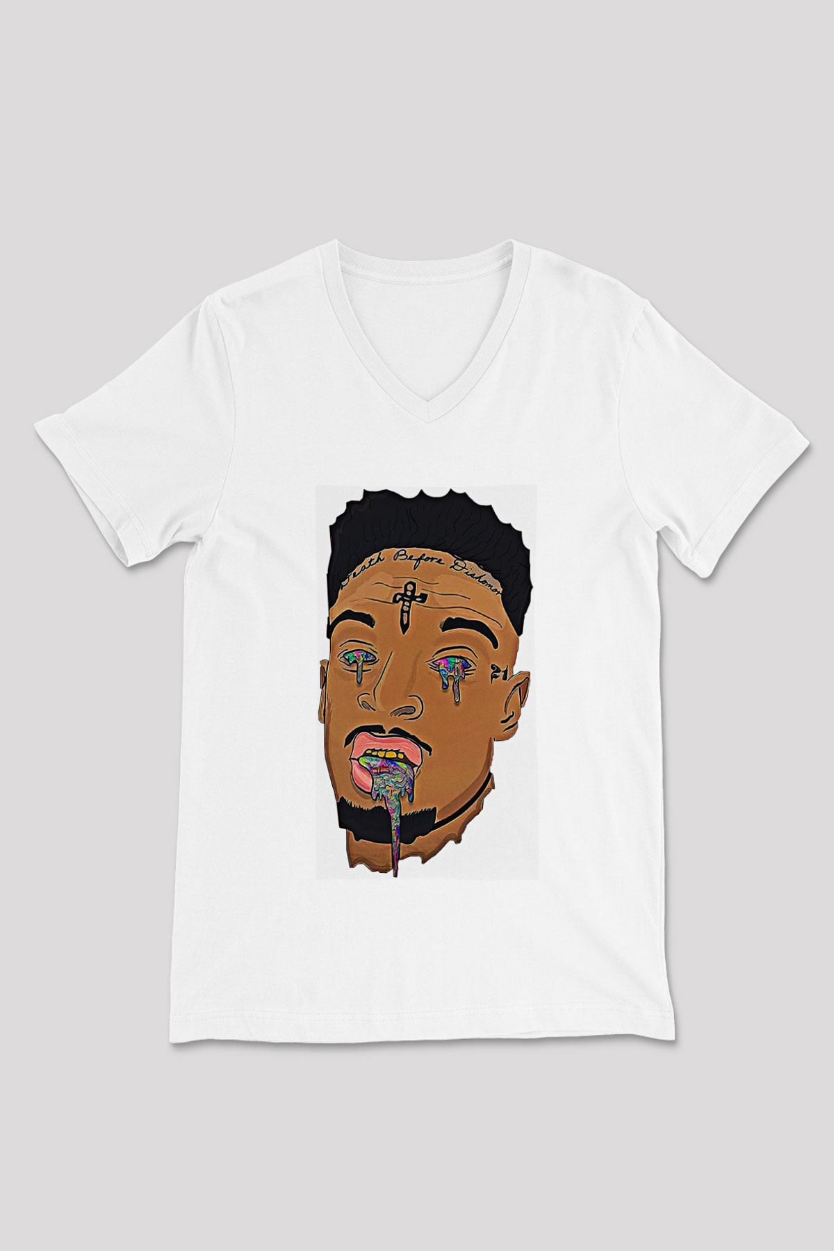 21 Savage Baskılı Beyaz Unisex V Yaka Tişört - Tshirt