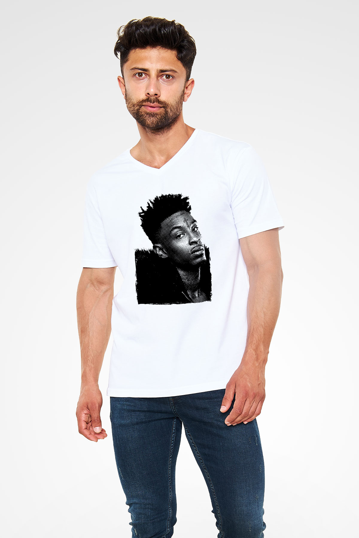 21 Savage Baskılı Beyaz Unisex V Yaka Tişört - Tshirt