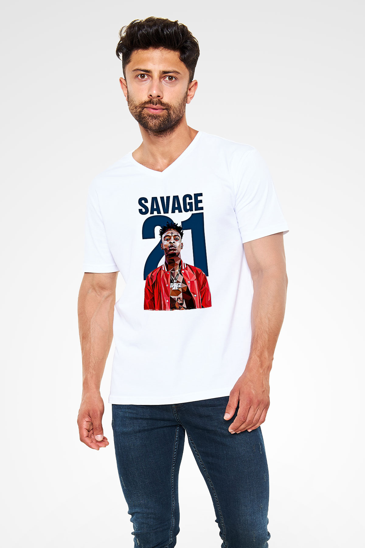 21 Savage Baskılı Beyaz Unisex V Yaka Tişört - Tshirt