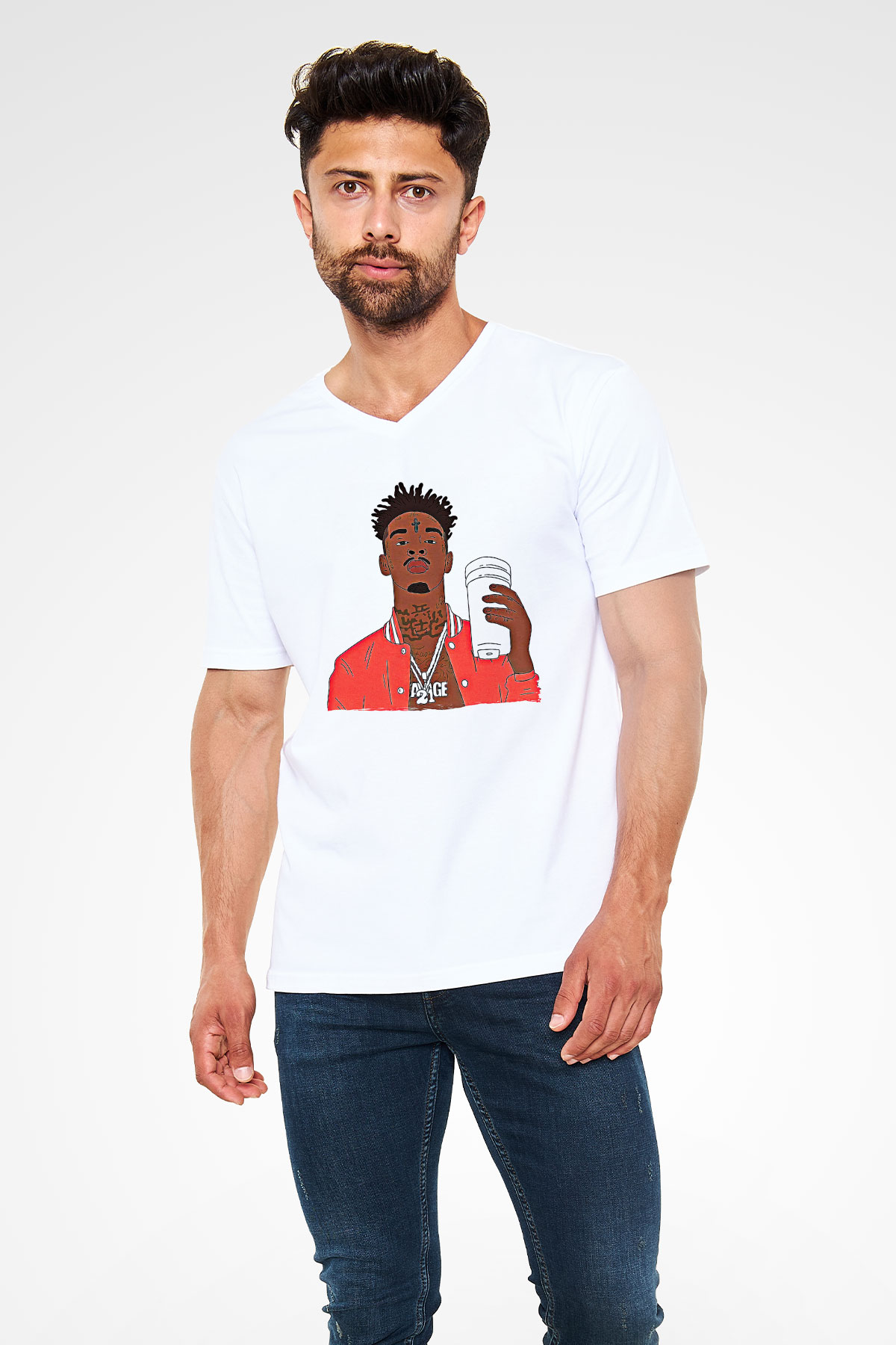 21 Savage Baskılı Beyaz Unisex V Yaka Tişört - Tshirt