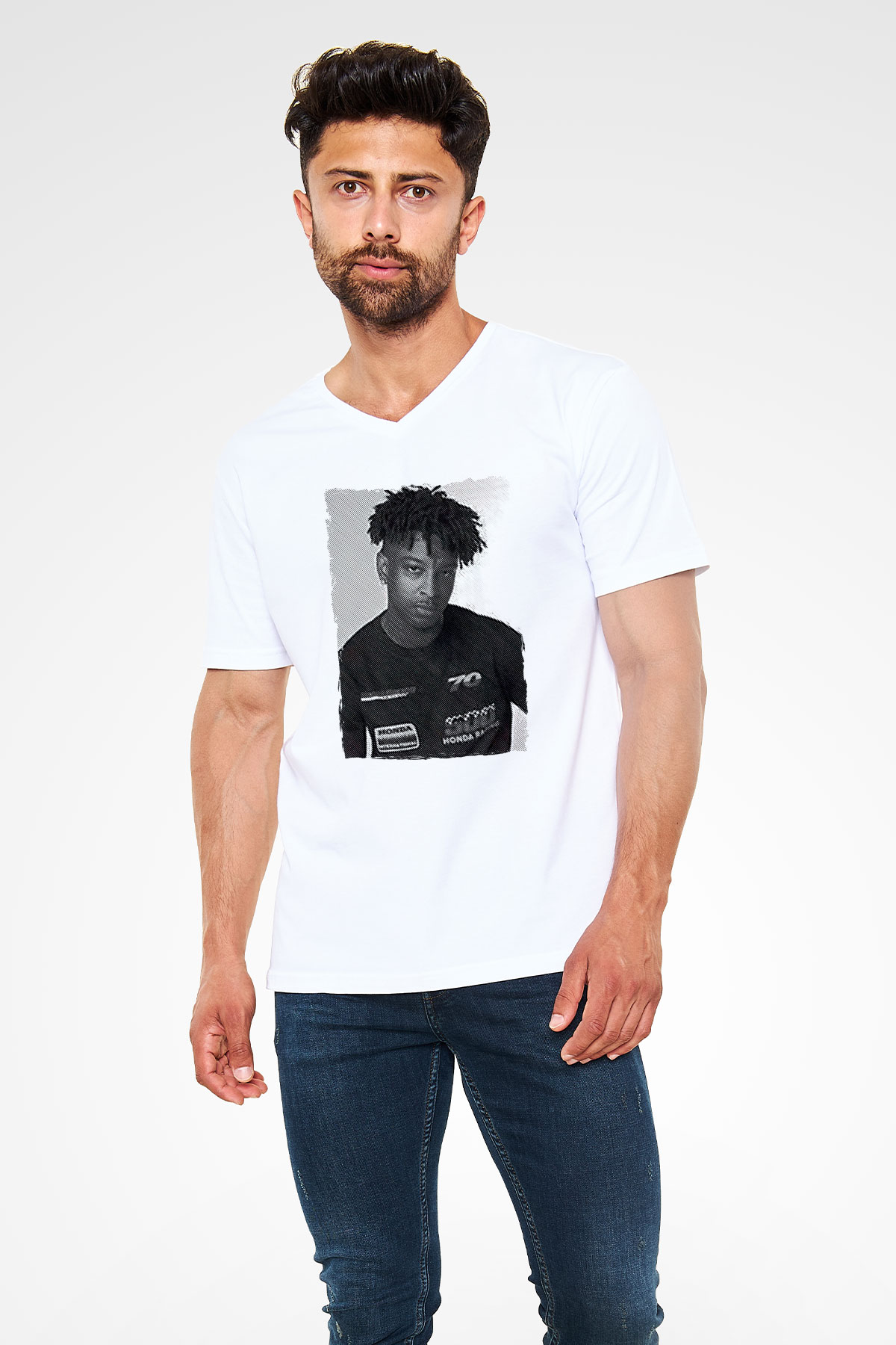 21 Savage Baskılı Beyaz Unisex V Yaka Tişört - Tshirt