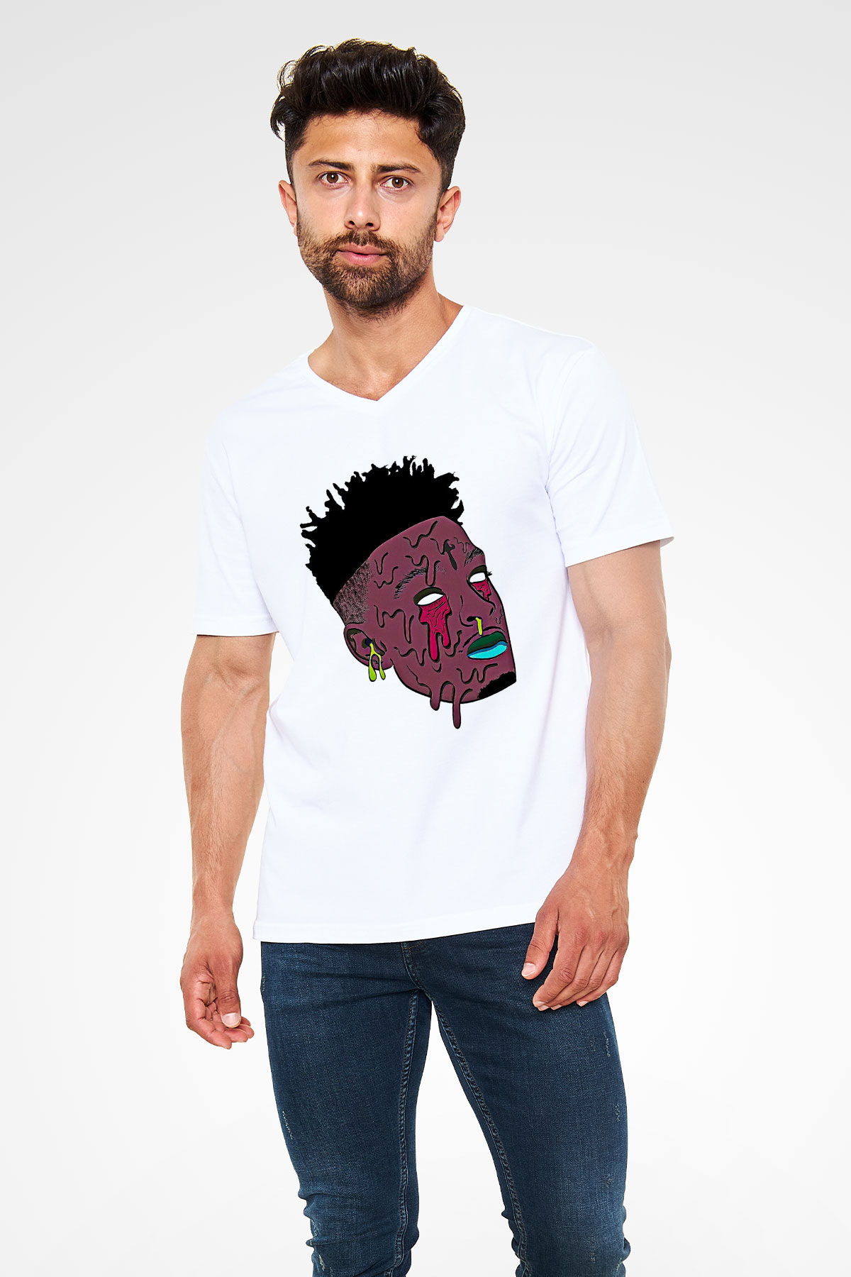21 Savage Baskılı Beyaz Unisex V Yaka Tişört - Tshirt