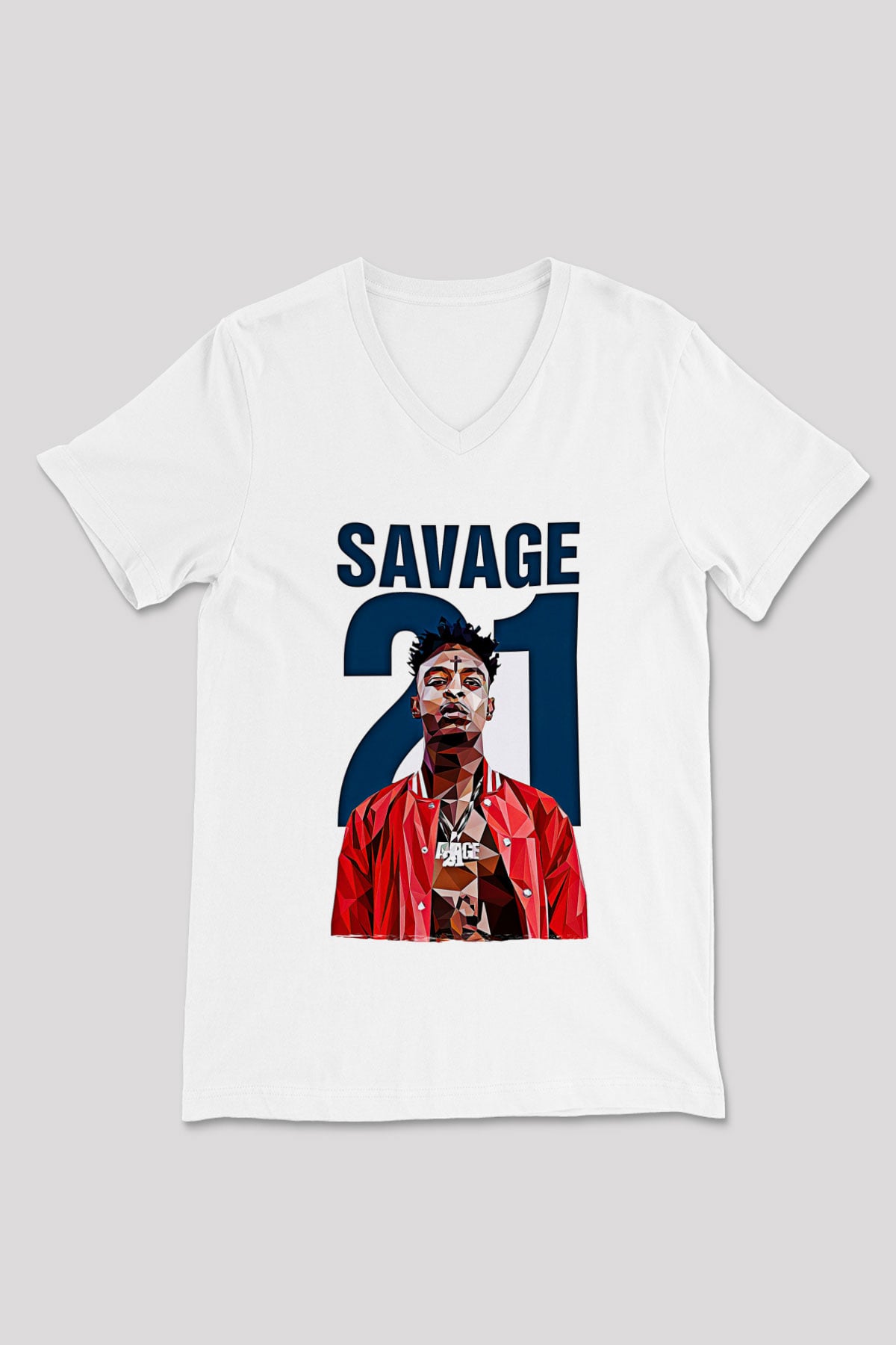 21 Savage Baskılı Beyaz Unisex V Yaka Tişört - Tshirt