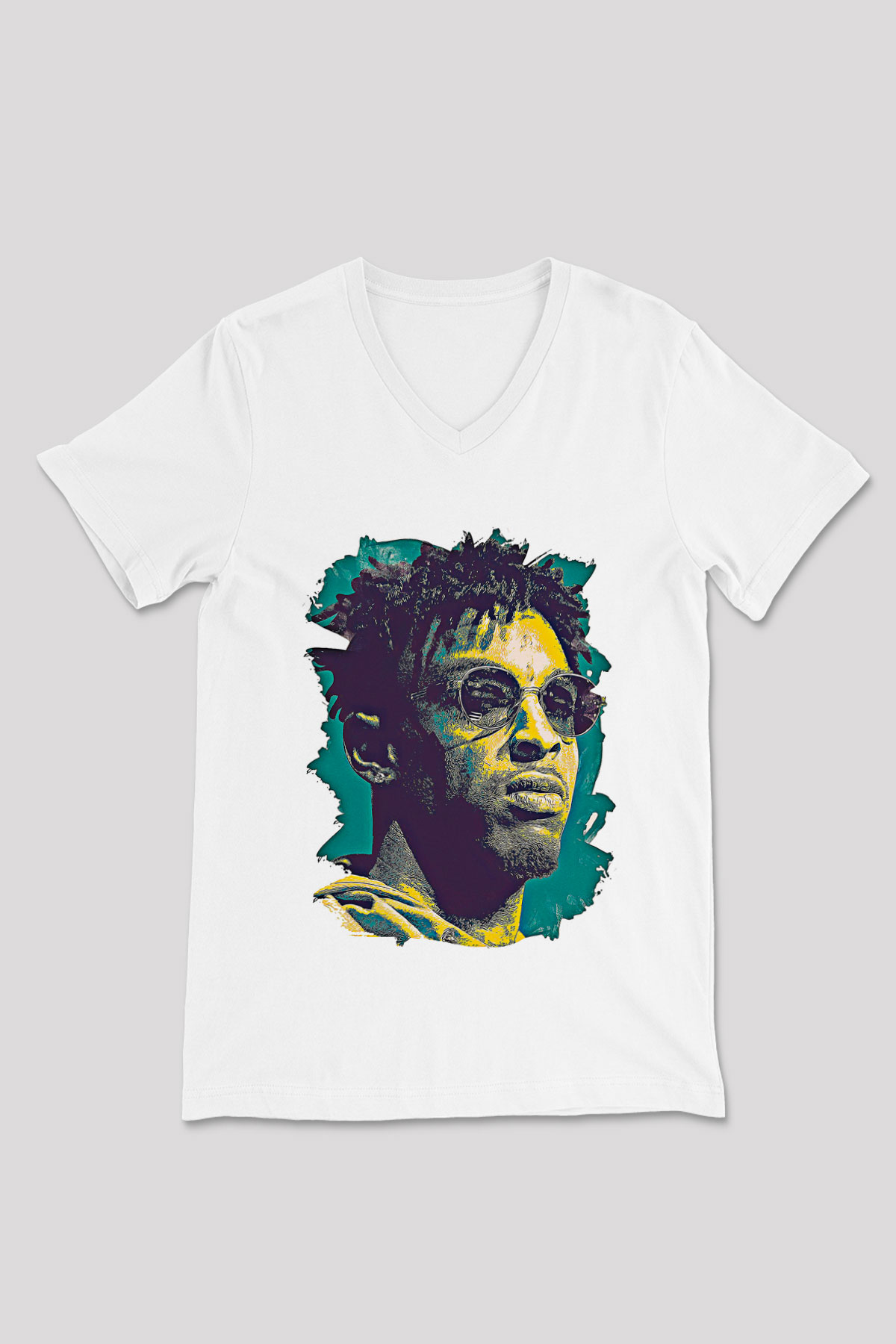 21 Savage Baskılı Beyaz Unisex V Yaka Tişört - Tshirt
