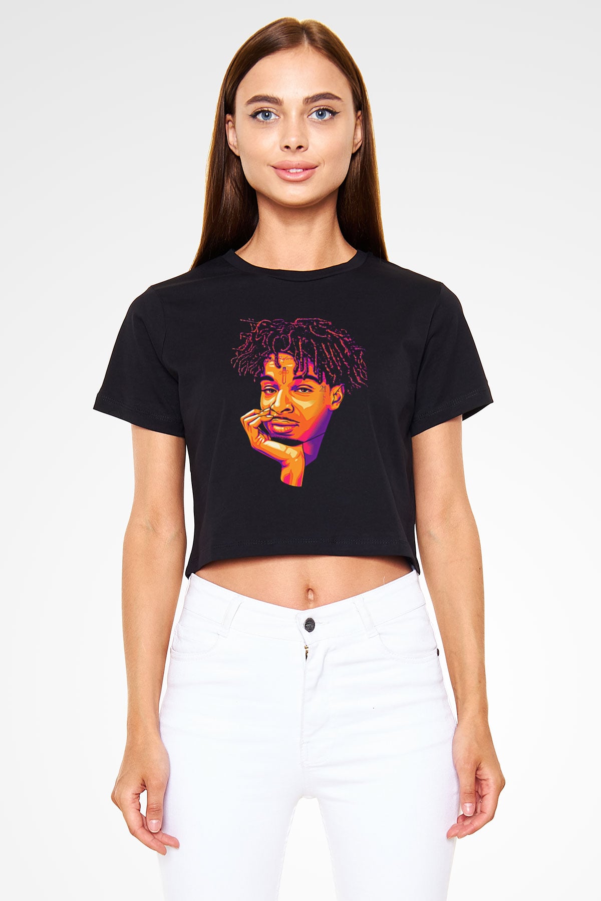 21 Savage Baskılı Siyah Crop Top Kadın Tişört - Tshirt
