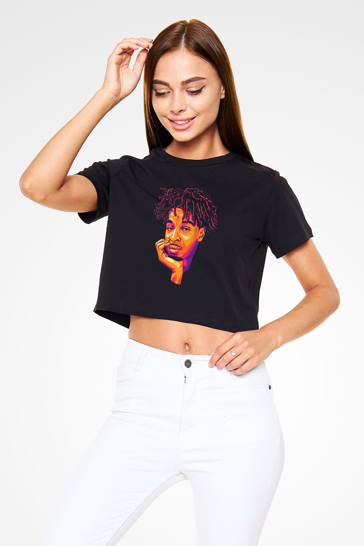 21 Savage Baskılı Siyah Crop Top Kadın Tişört - Tshirt