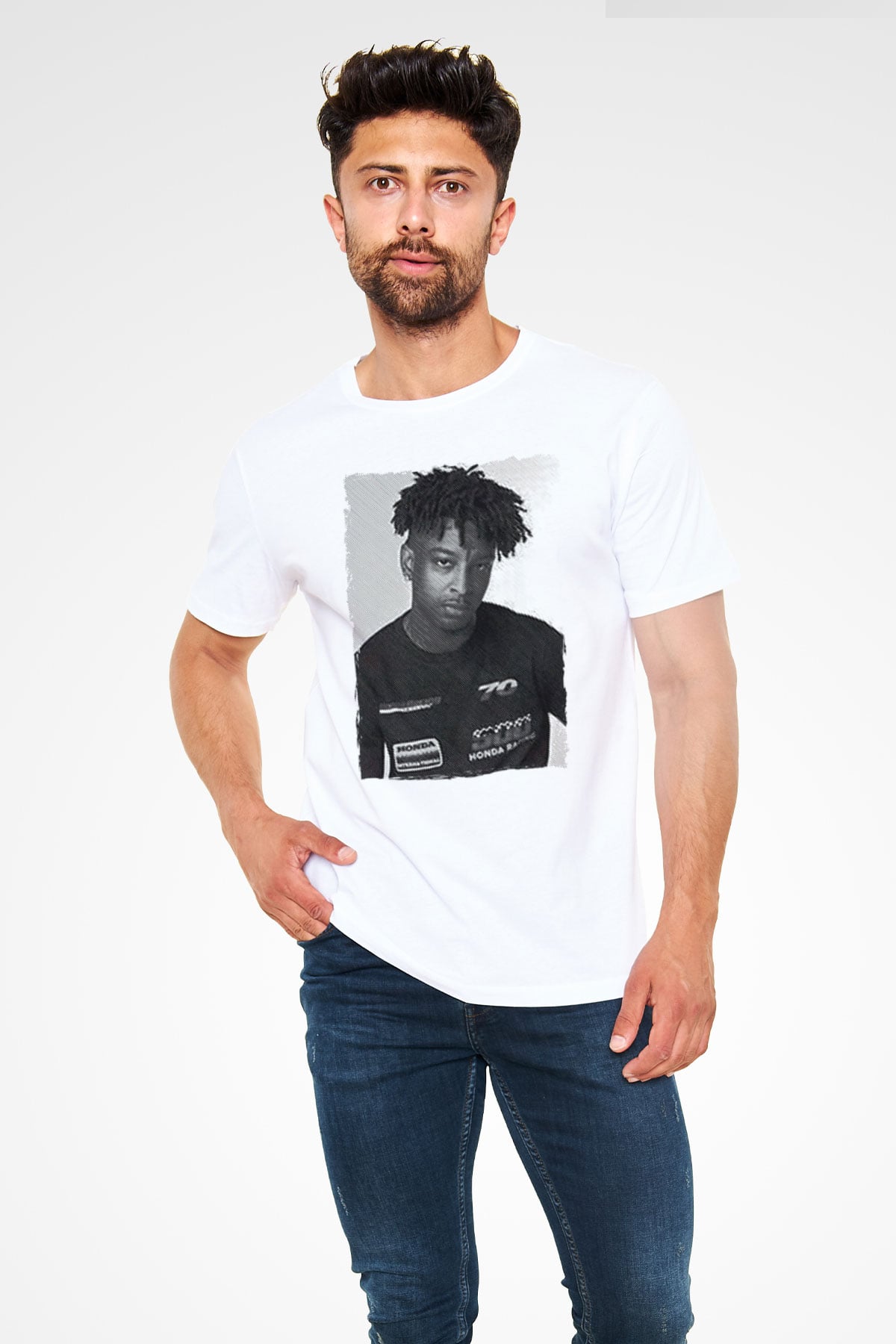 21 Savage Baskılı Unisex Beyaz Tişört - Tshirt