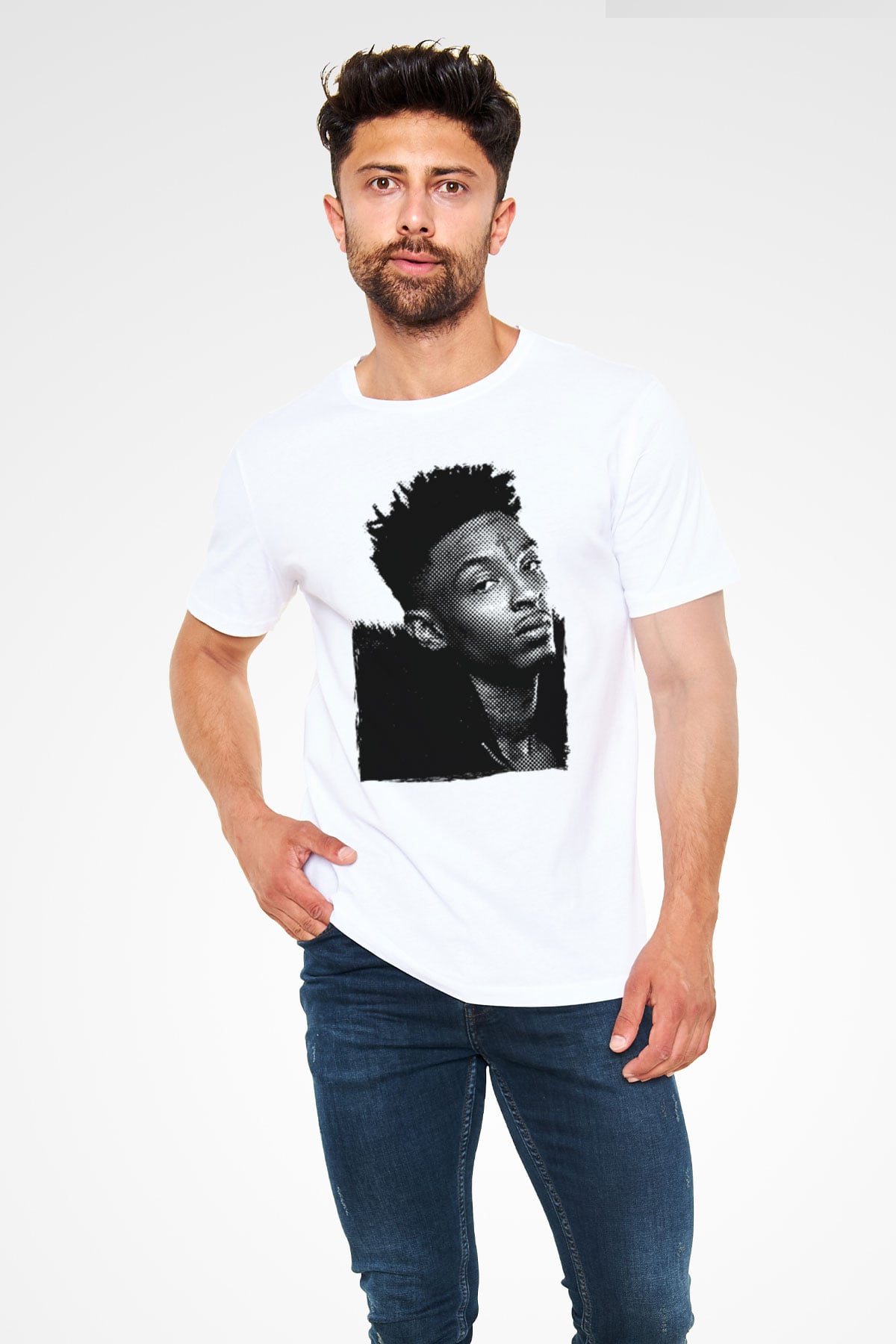 21 Savage Baskılı Unisex Beyaz Tişört - Tshirt