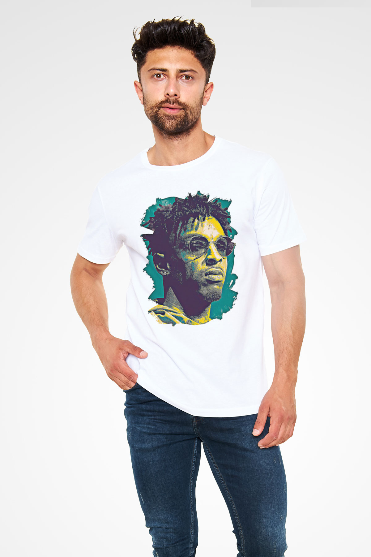 21 Savage Baskılı Unisex Beyaz Tişört - Tshirt