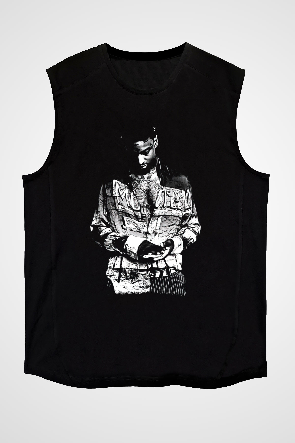 21 Savage Baskılı Unisex Siyah Kolsuz Tişört - Tshirt