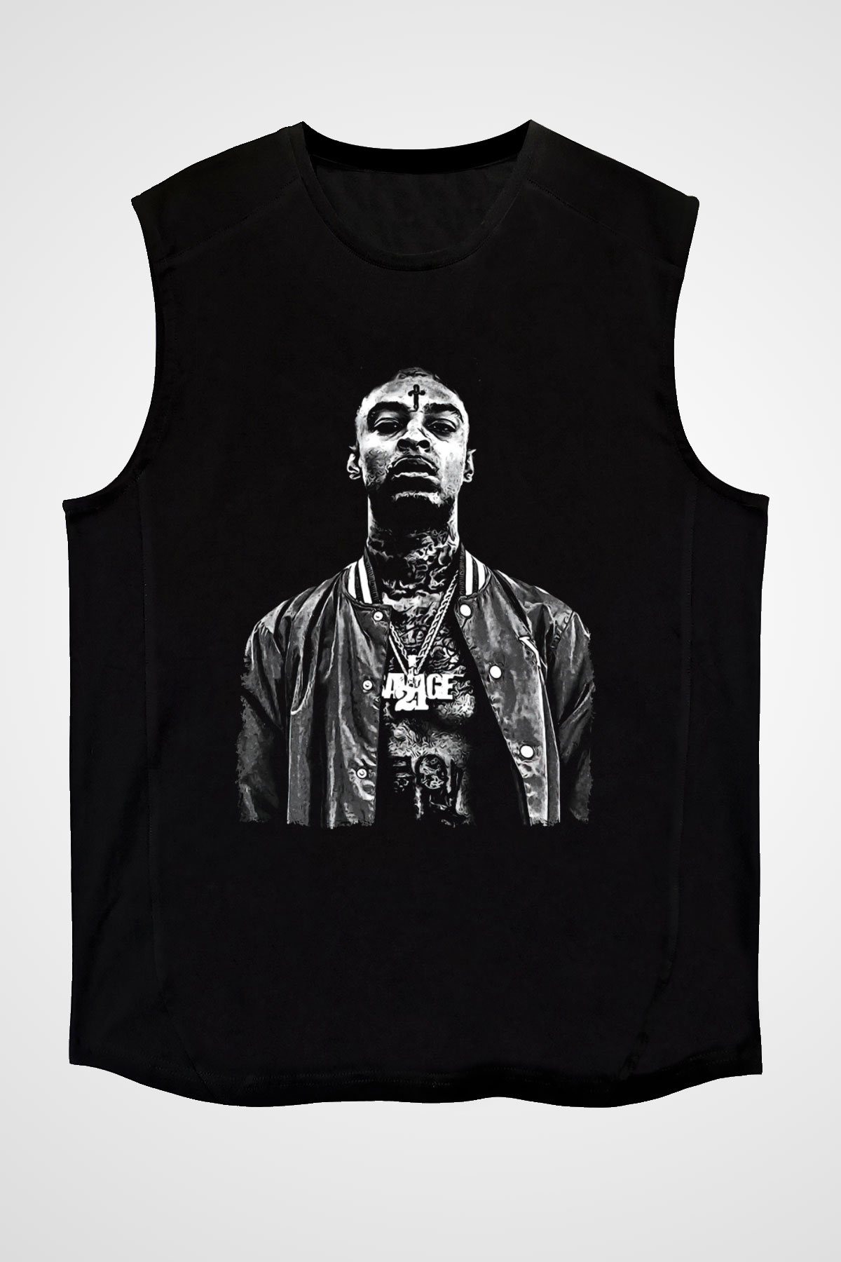 21 Savage Baskılı Unisex Siyah Kolsuz Tişört - Tshirt