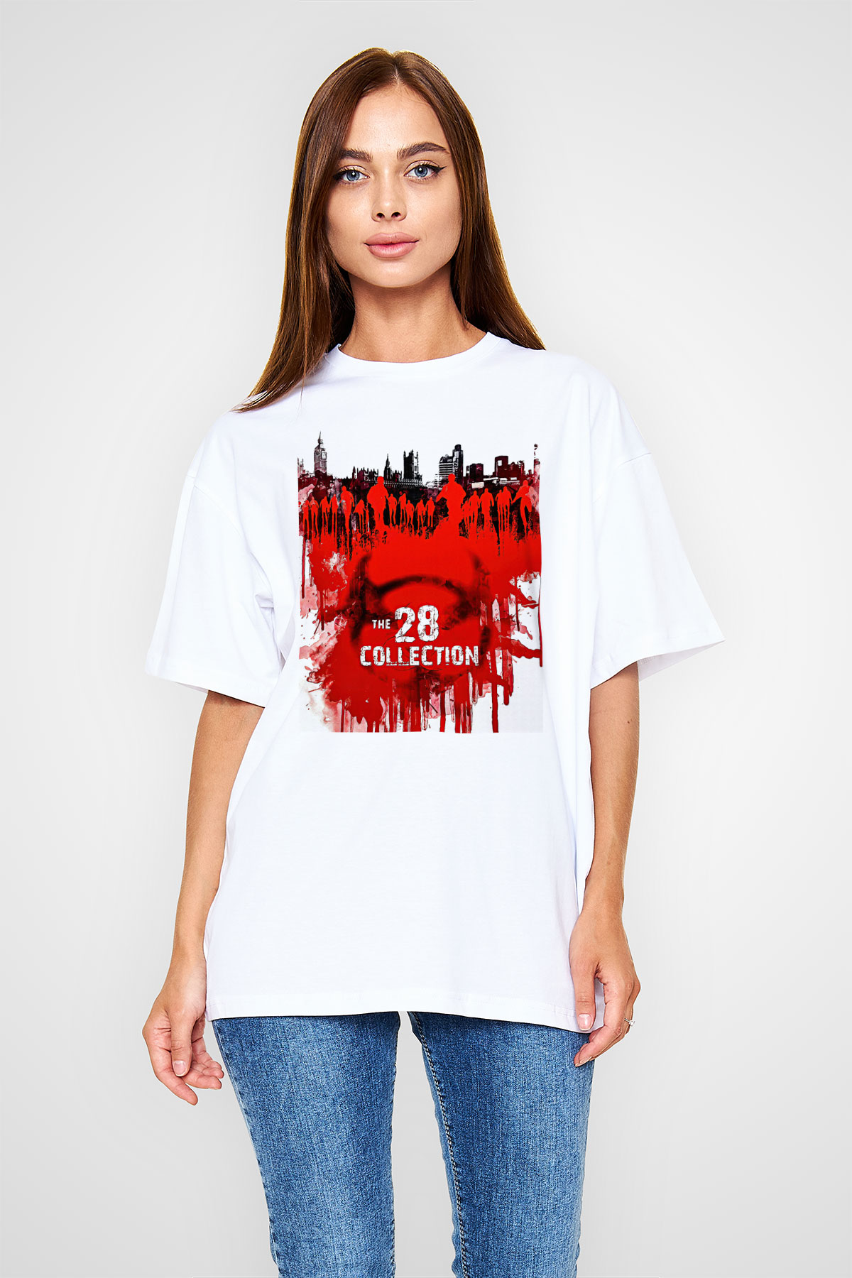 28 Days Later Baskılı Beyaz Unisex Oversize Tişört - Tshirt