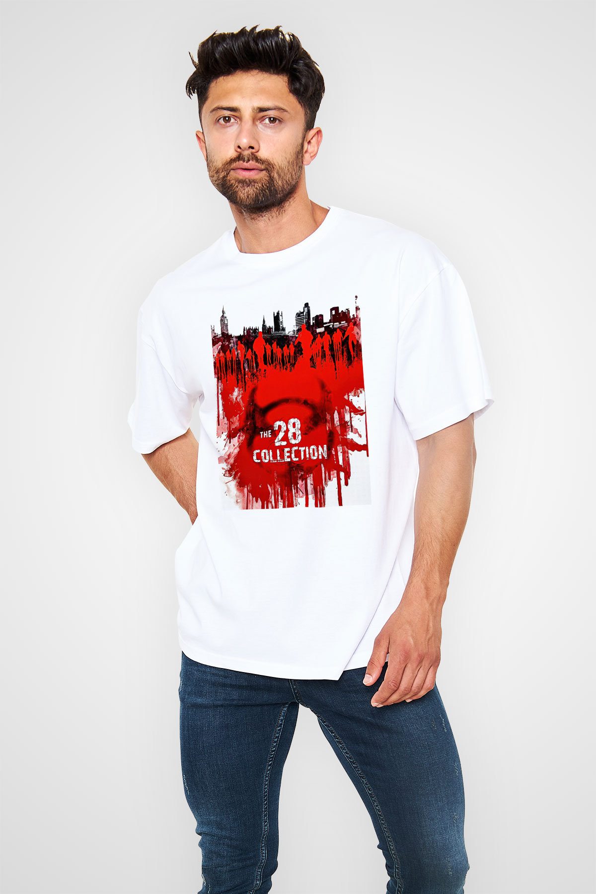 28 Days Later Baskılı Beyaz Unisex Oversize Tişört - Tshirt