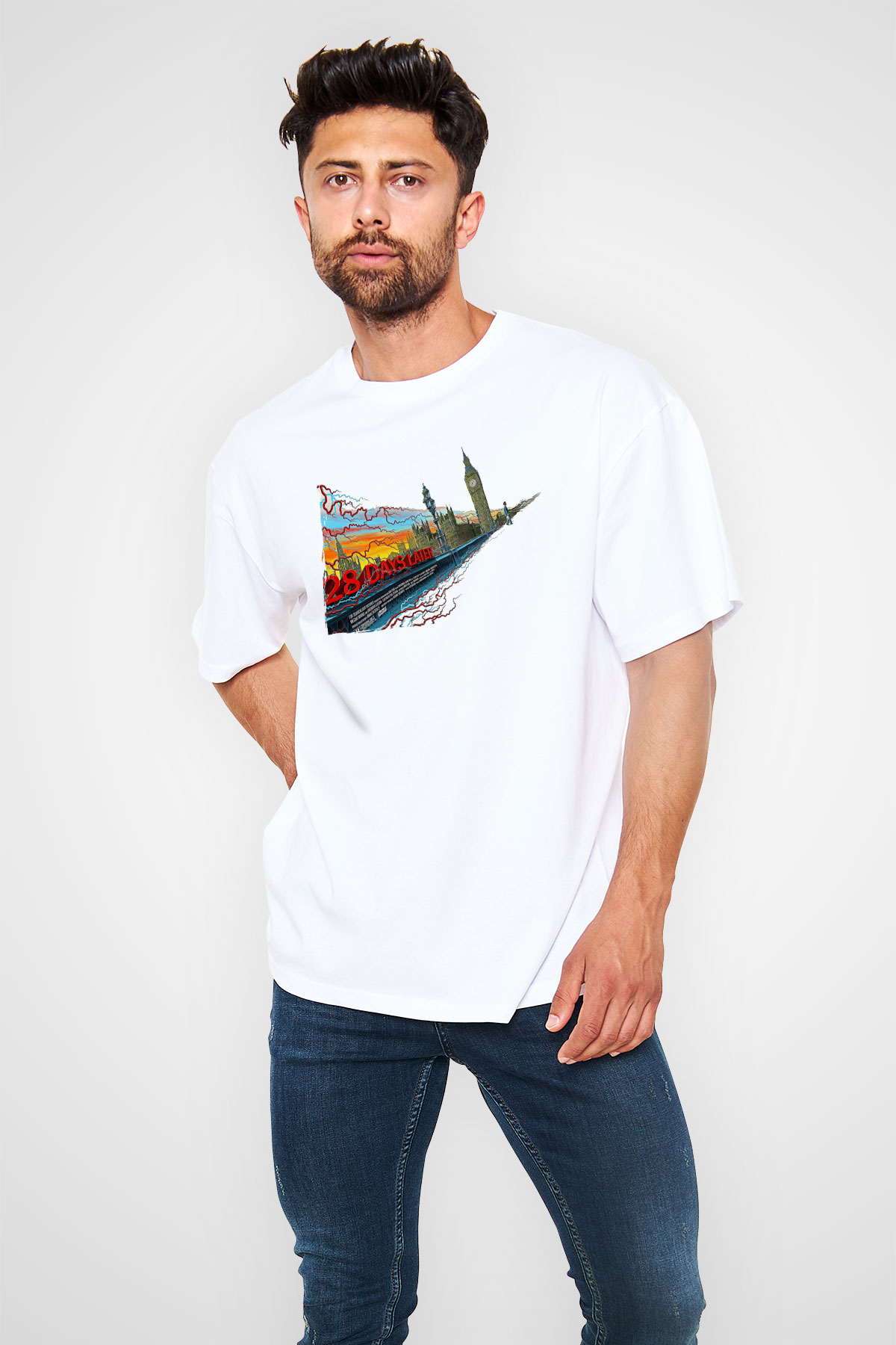 28 Days Later Baskılı Beyaz Unisex Oversize Tişört - Tshirt
