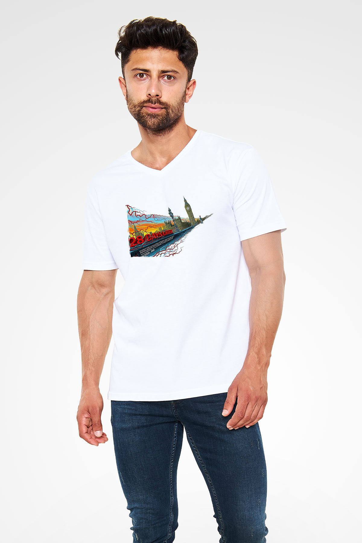 28 Days Later Baskılı Beyaz Unisex V Yaka Tişört - Tshirt