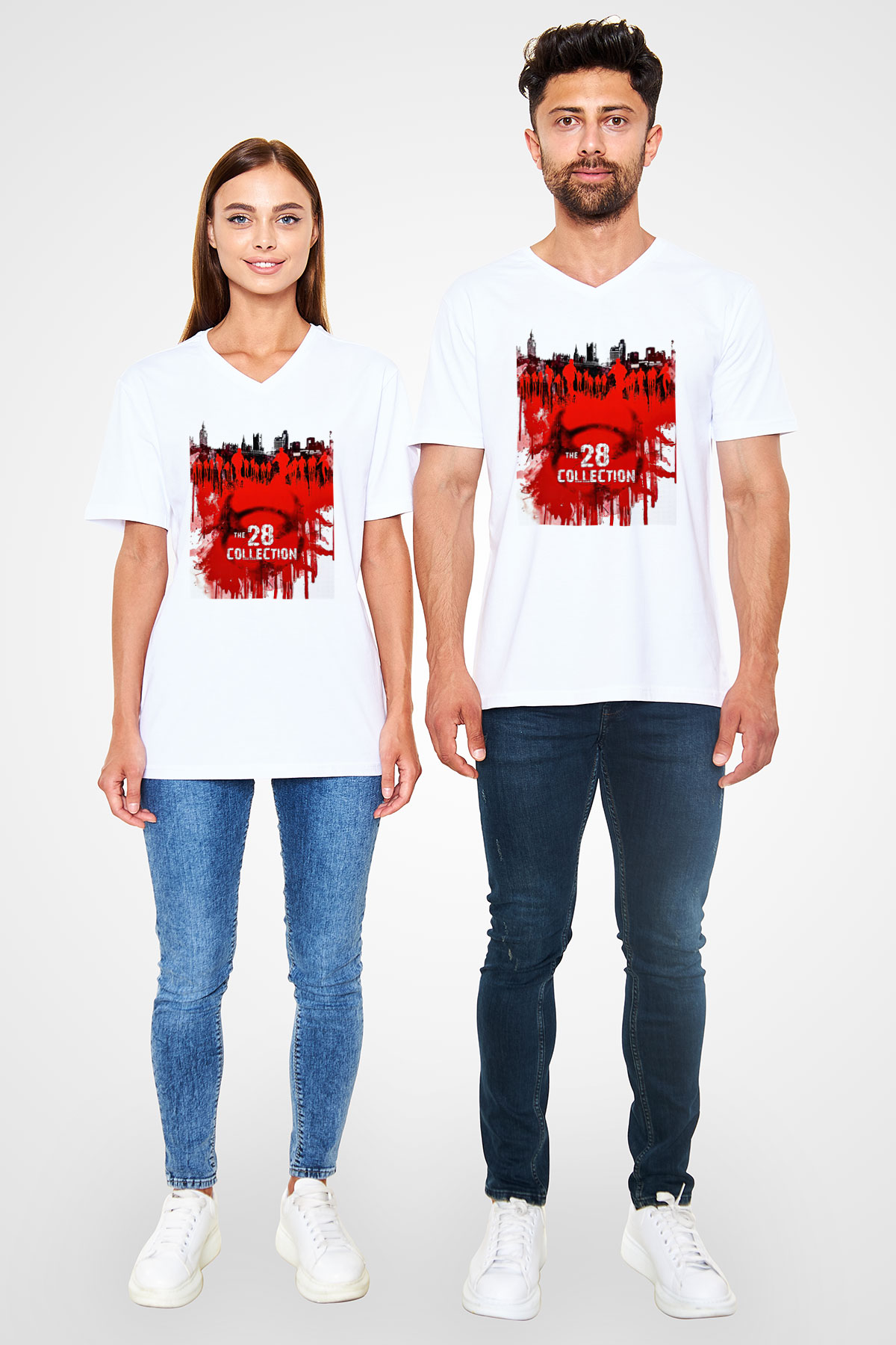 28 Days Later Baskılı Beyaz Unisex V Yaka Tişört - Tshirt