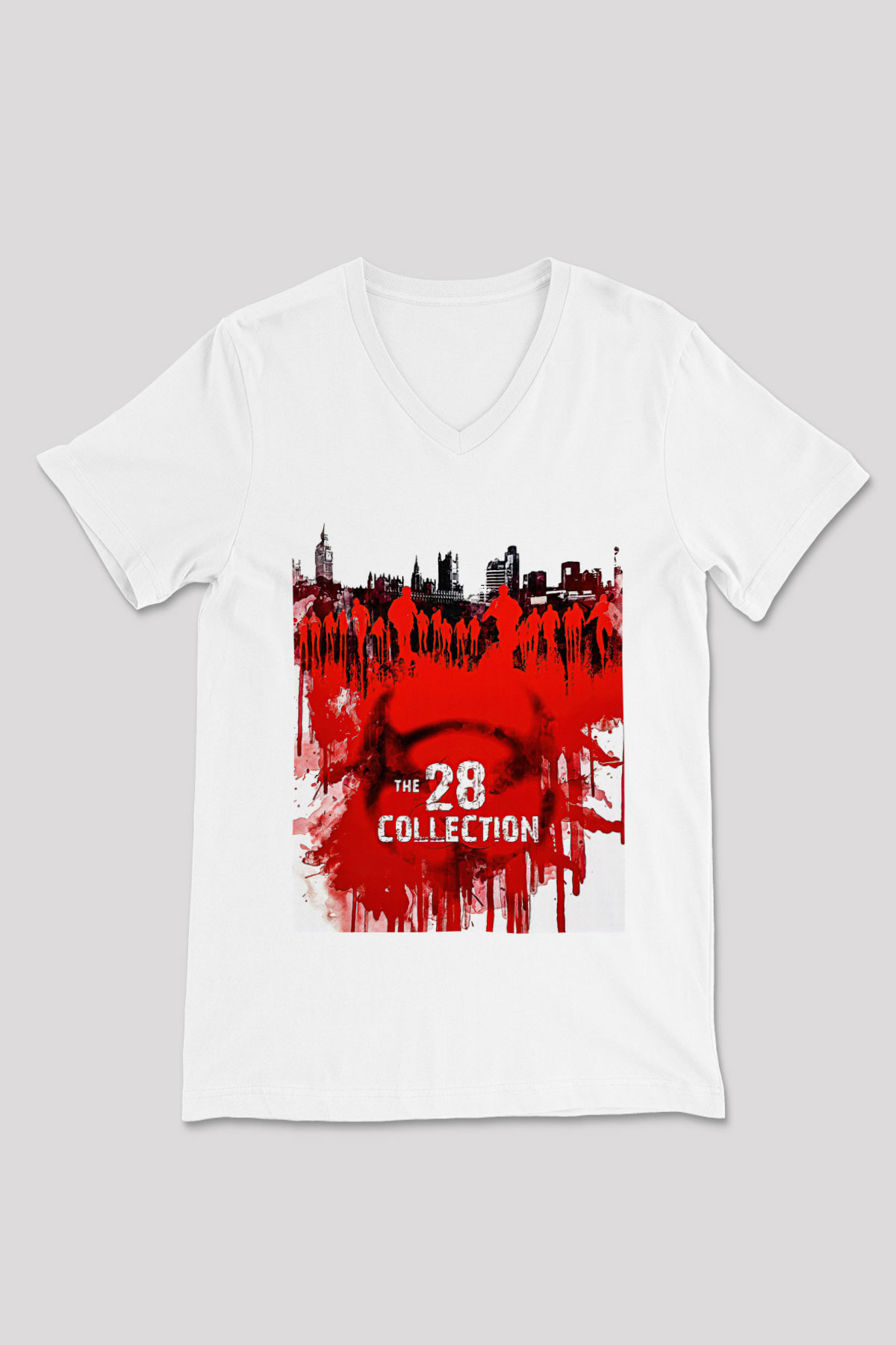 28 Days Later Baskılı Beyaz Unisex V Yaka Tişört - Tshirt