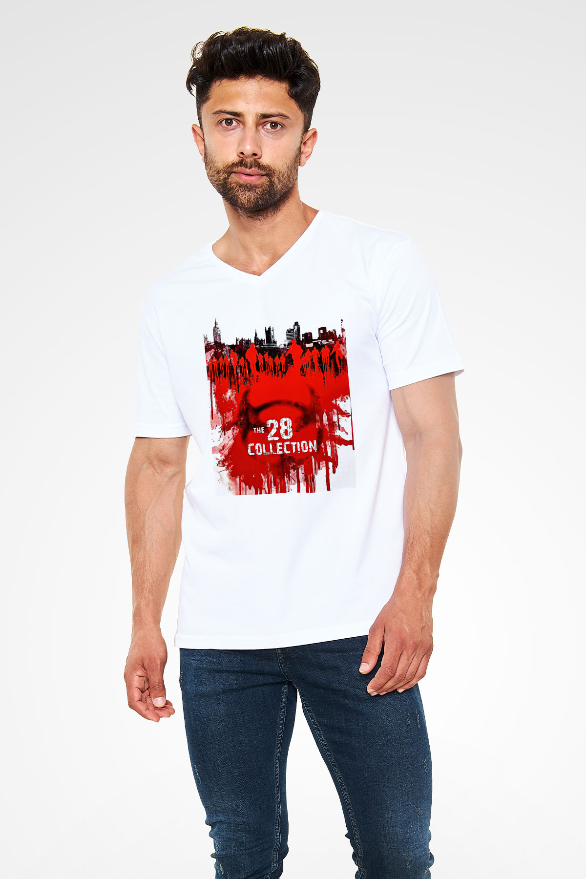 28 Days Later Baskılı Beyaz Unisex V Yaka Tişört - Tshirt