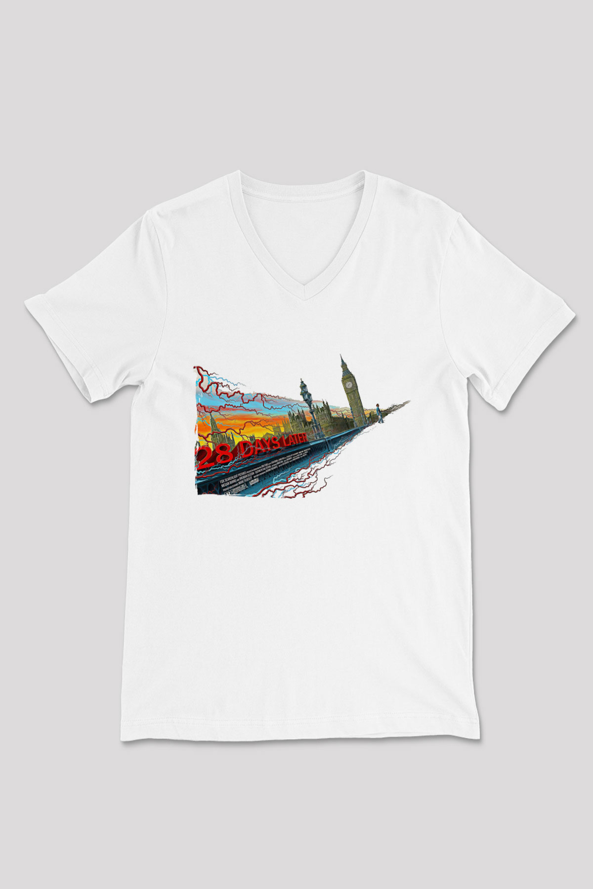 28 Days Later Baskılı Beyaz Unisex V Yaka Tişört - Tshirt