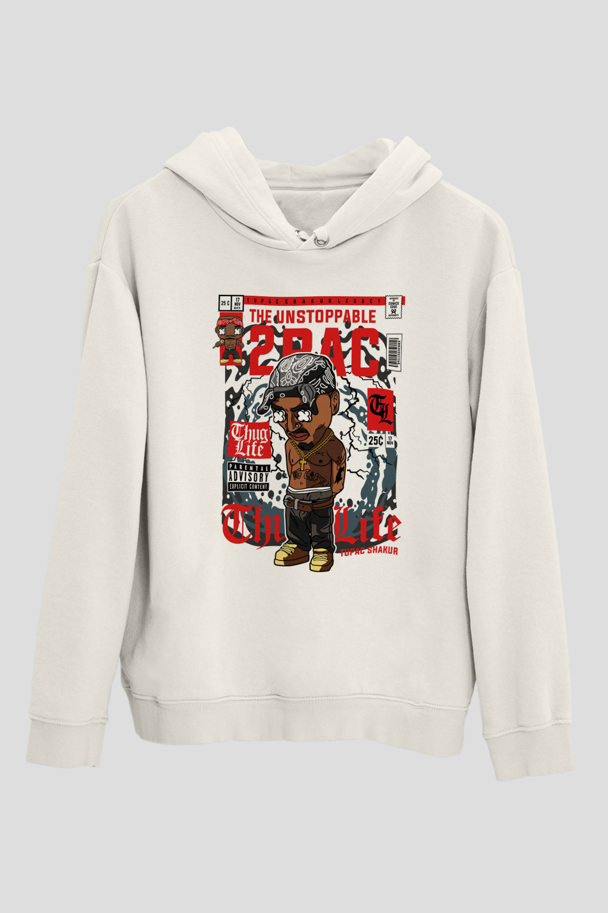 2PAC Baskılı Unisex Beyaz Hoodie