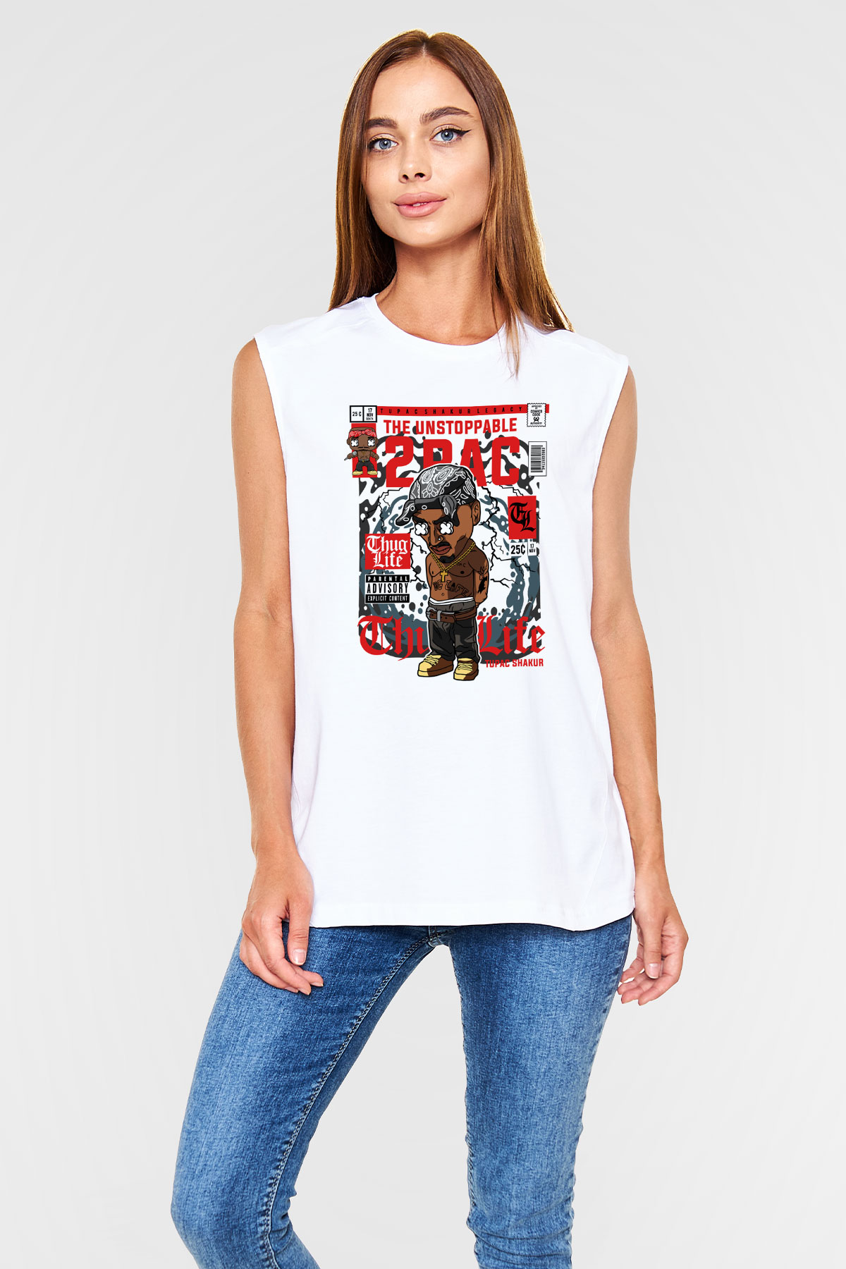 2PAC Baskılı Unisex Beyaz Kolsuz Tişört