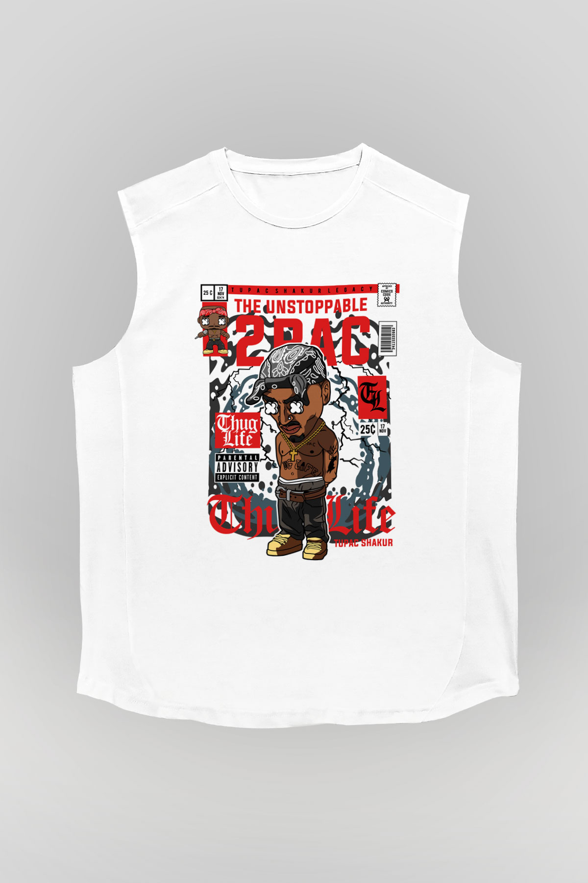 2PAC Baskılı Unisex Beyaz Kolsuz Tişört