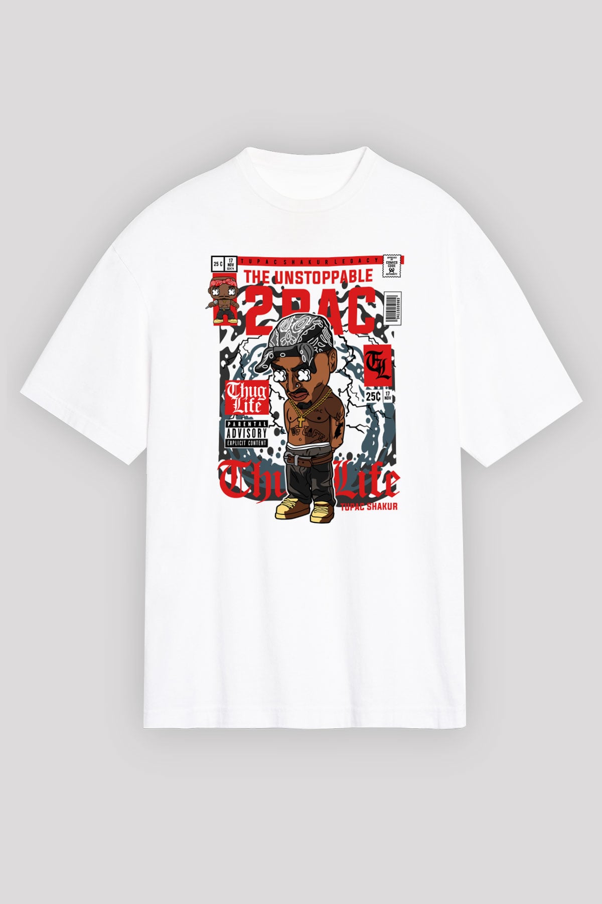 2PAC Baskılı Unisex Beyaz Oversize Tişört