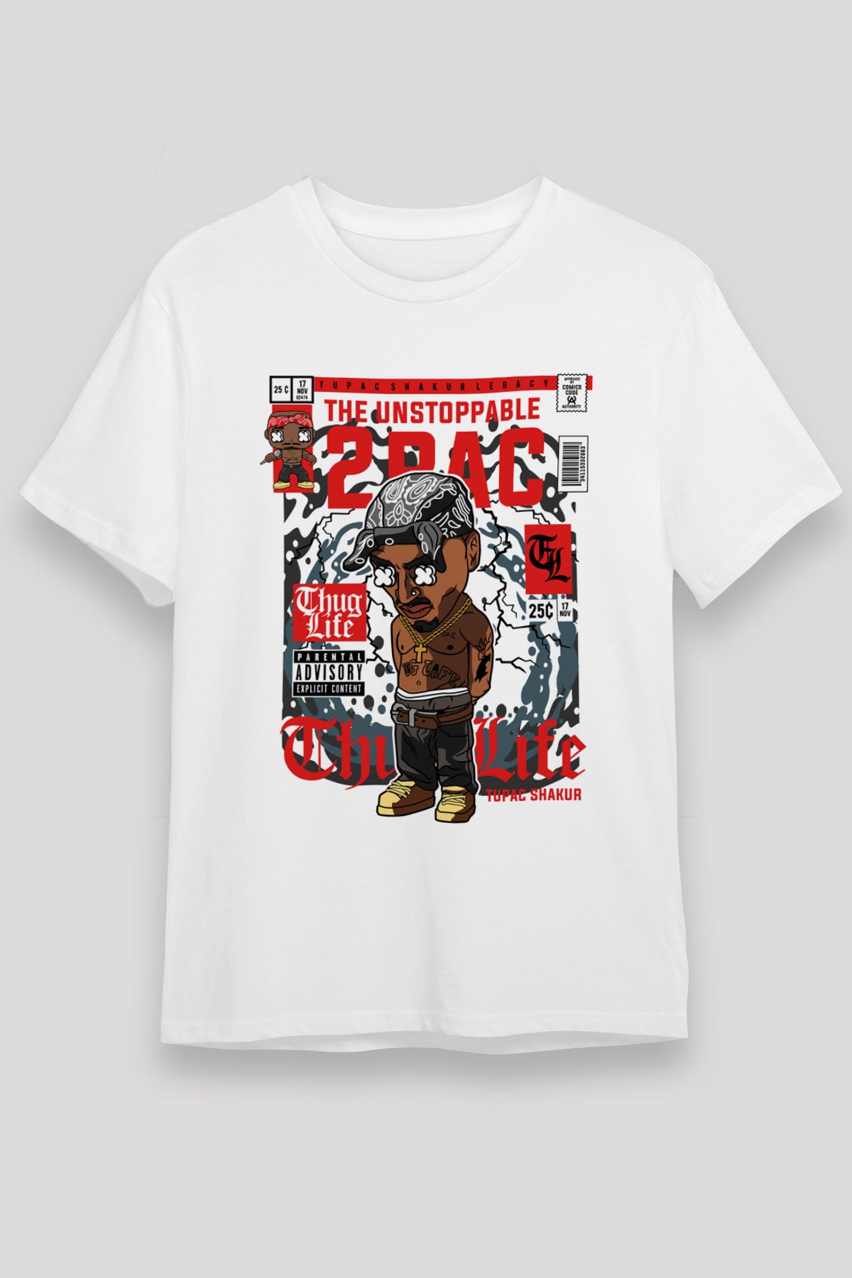 2PAC Baskılı Unisex Beyaz Tişört