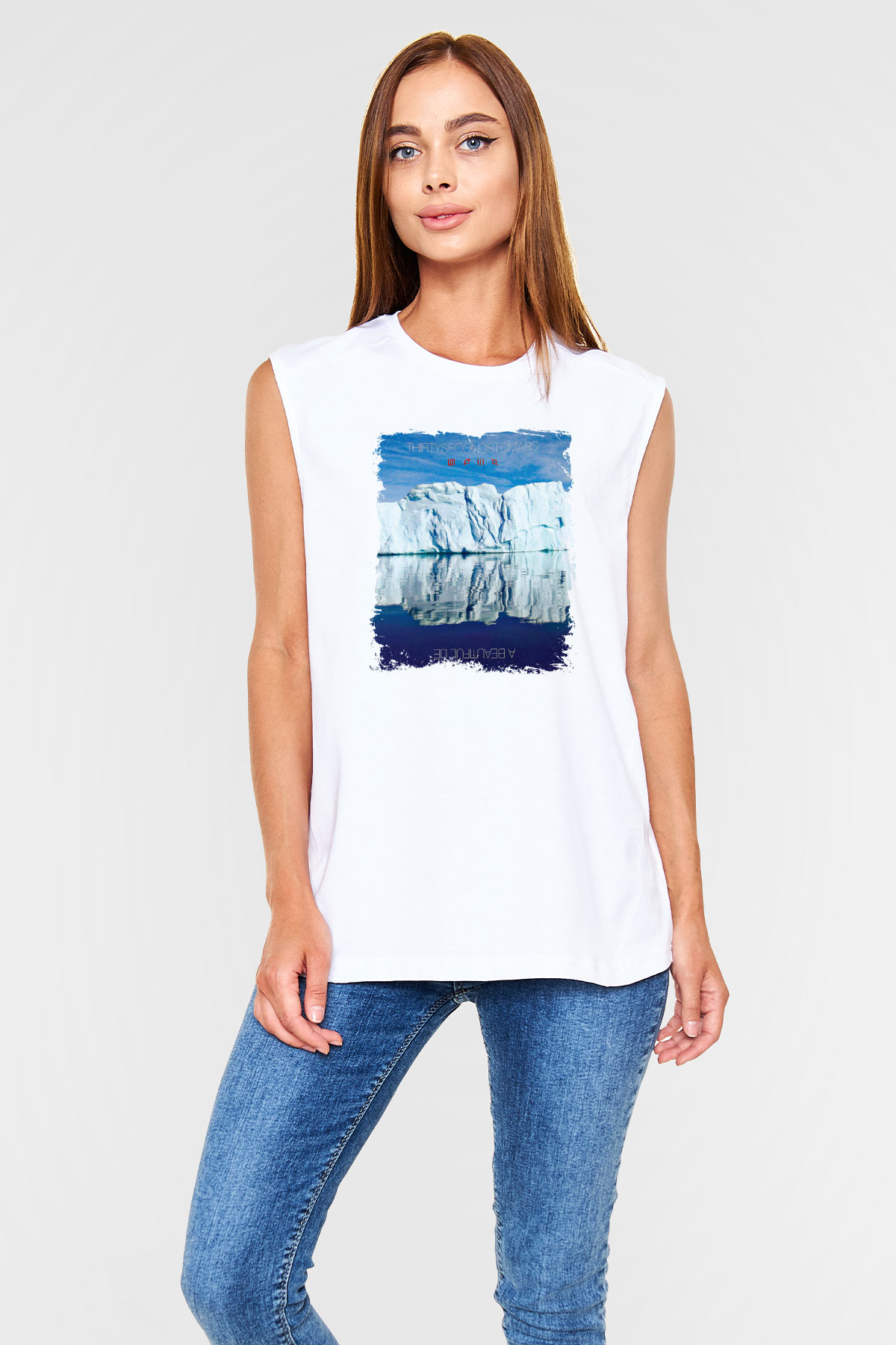 30 Seconds To Mars Baskılı Unisex Beyaz Kolsuz Tişört