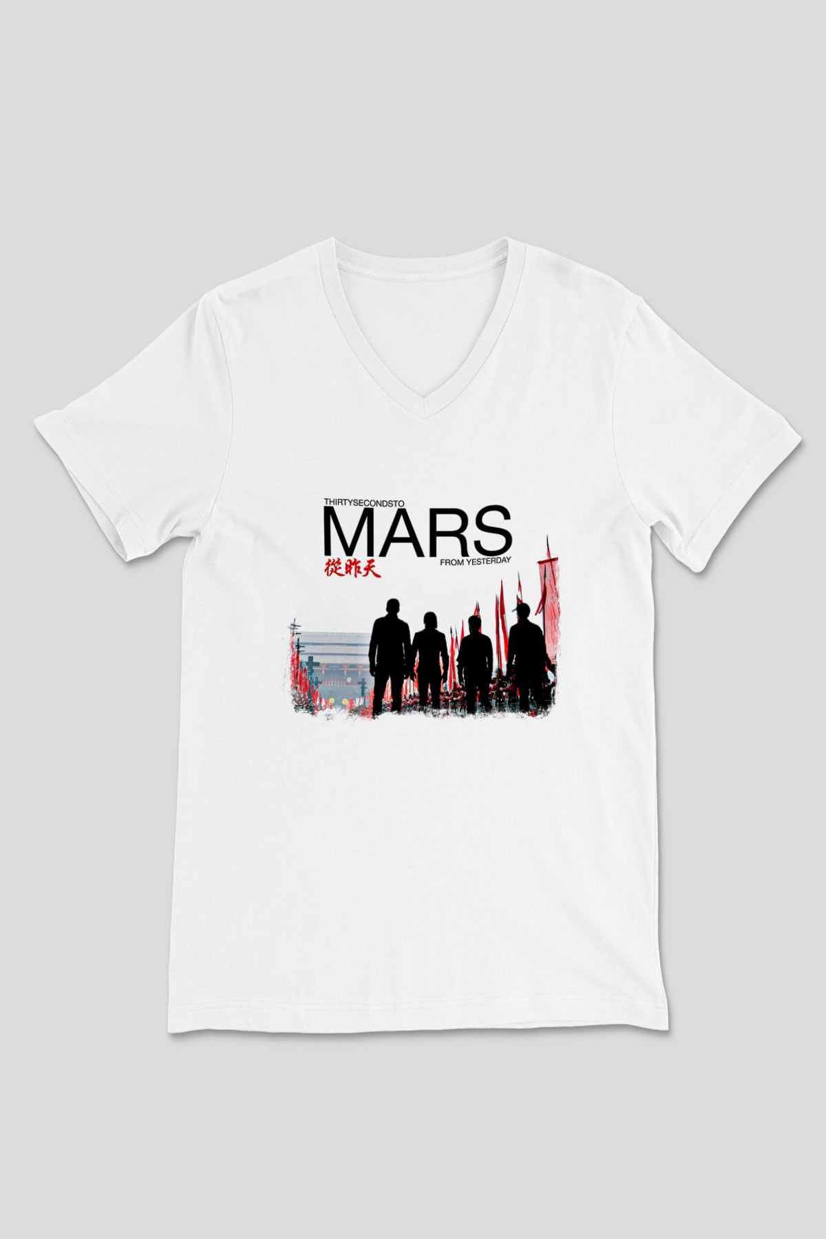 30 Seconds To Mars Baskılı Unisex Beyaz V Yaka Tişört