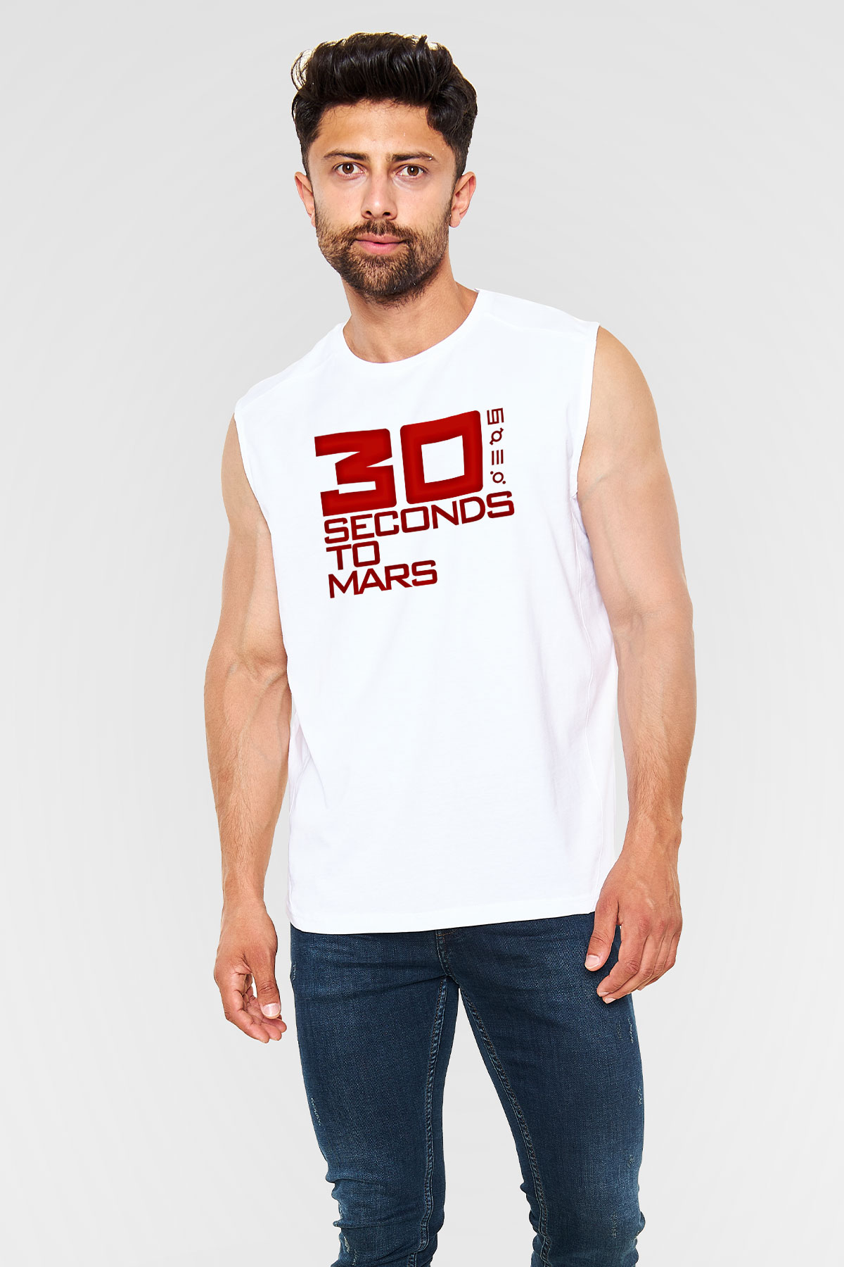 30 Seconds To Mars Baskılı Unisex Beyaz Kolsuz Tişört
