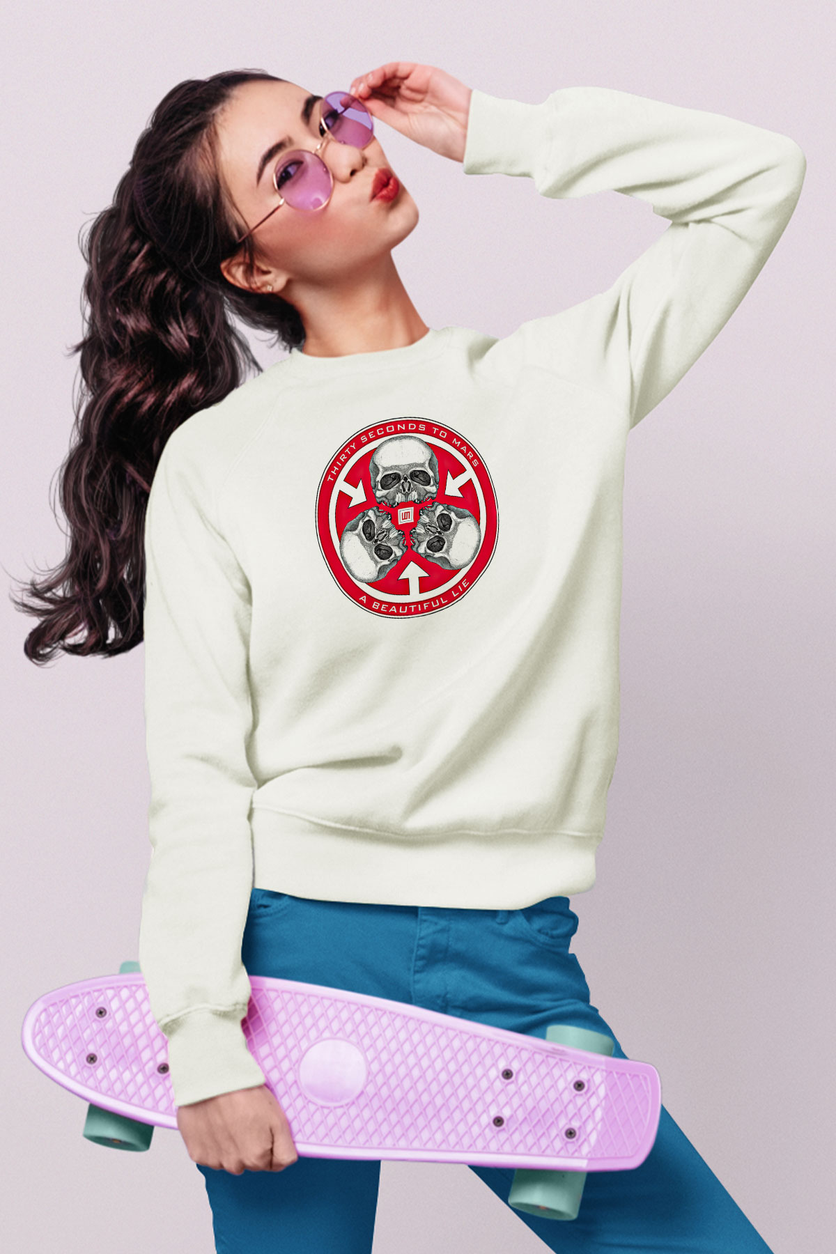 30 Seconds To Mars Baskılı Unisex Beyaz Sweatshirt