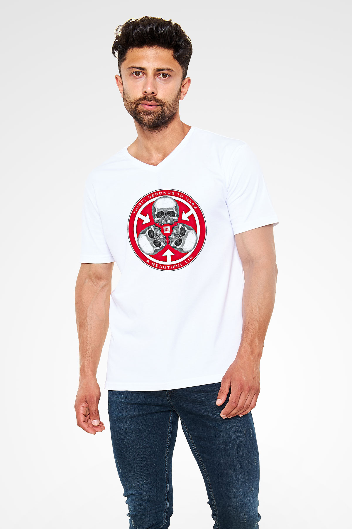 30 Seconds To Mars Baskılı Unisex Beyaz V Yaka Tişört