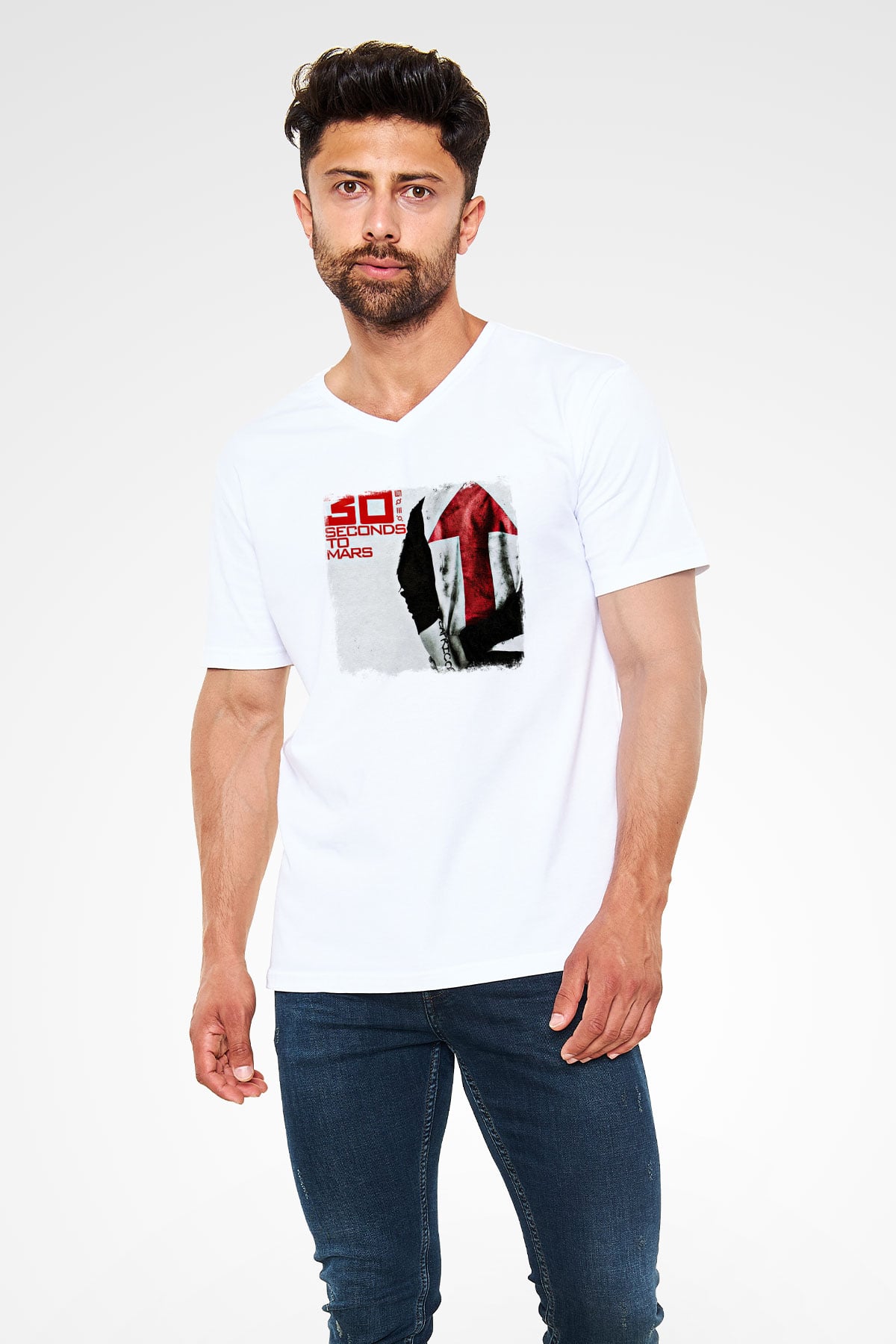30 Seconds To Mars Baskılı Unisex Beyaz V Yaka Tişört
