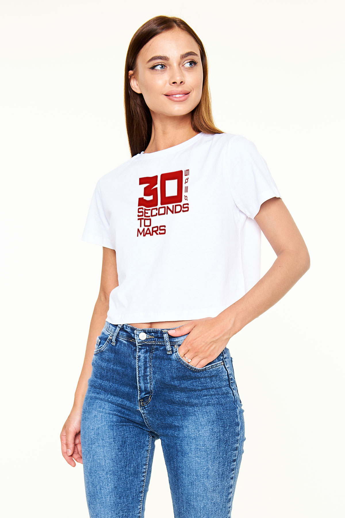 30 Seconds To Mars Baskılı Unisex Beyaz Crop Top Tişört
