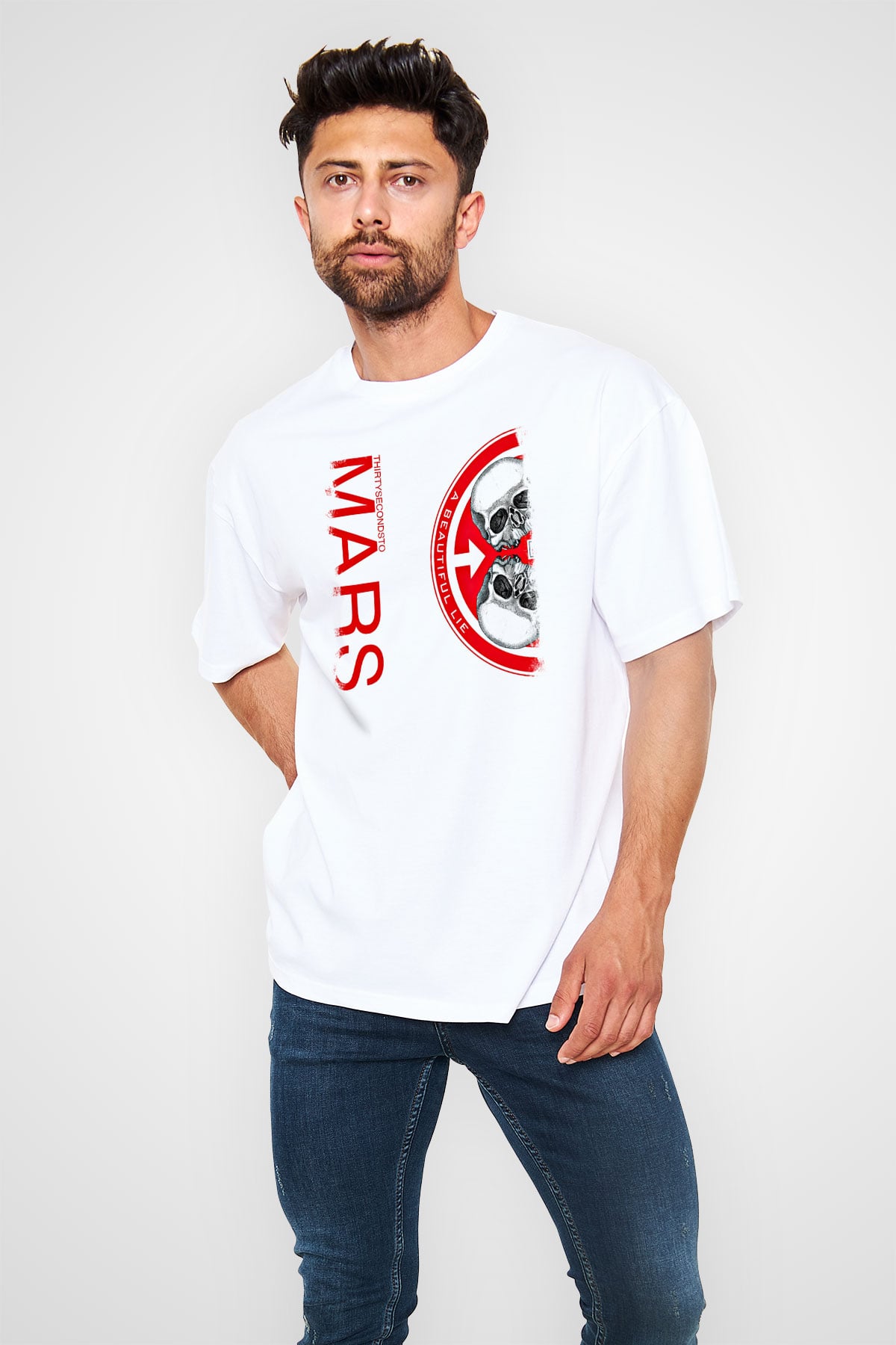 30 Seconds To Mars Baskılı Unisex Beyaz Oversize Tişört