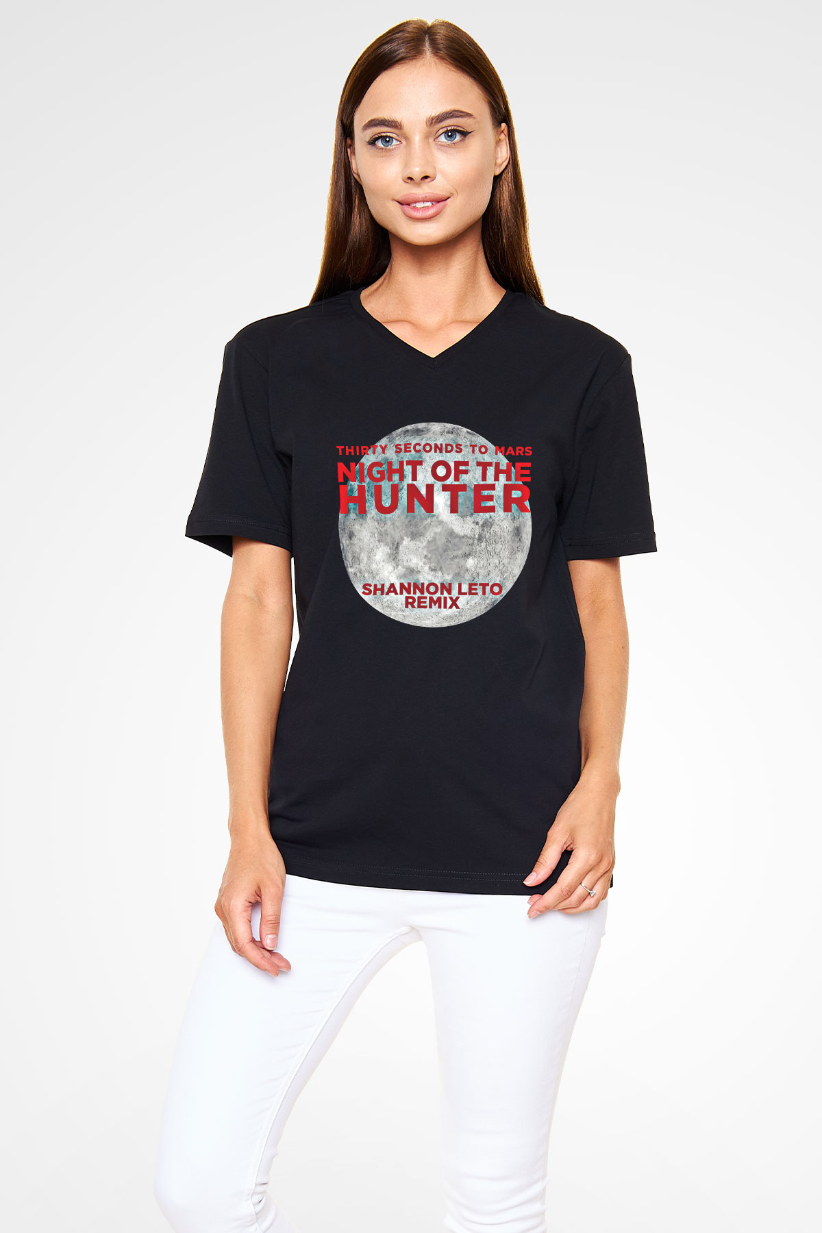 30 Seconds To Mars Baskılı Unisex Siyah V Yaka Tişört