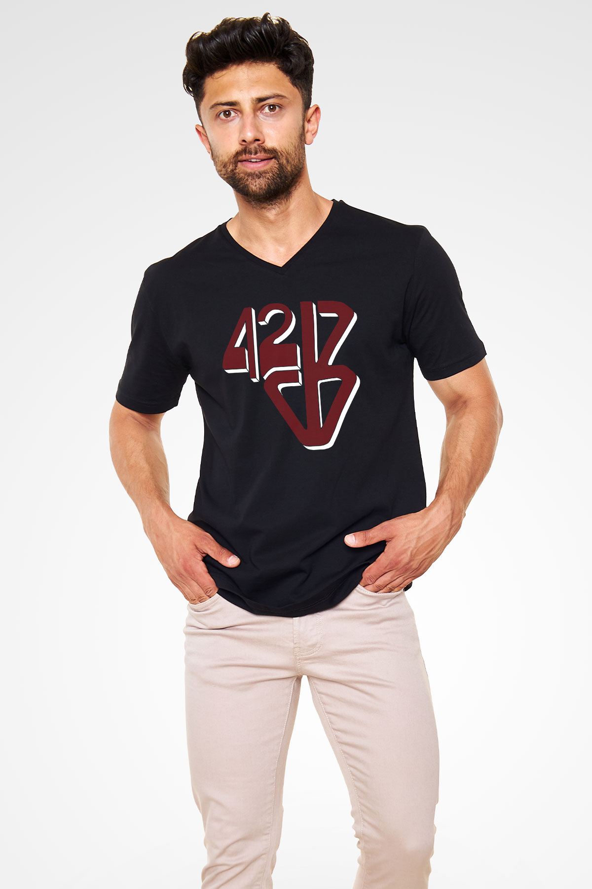 42 Decibel Siyah Unisex V Yaka Tişört T-Shirt
