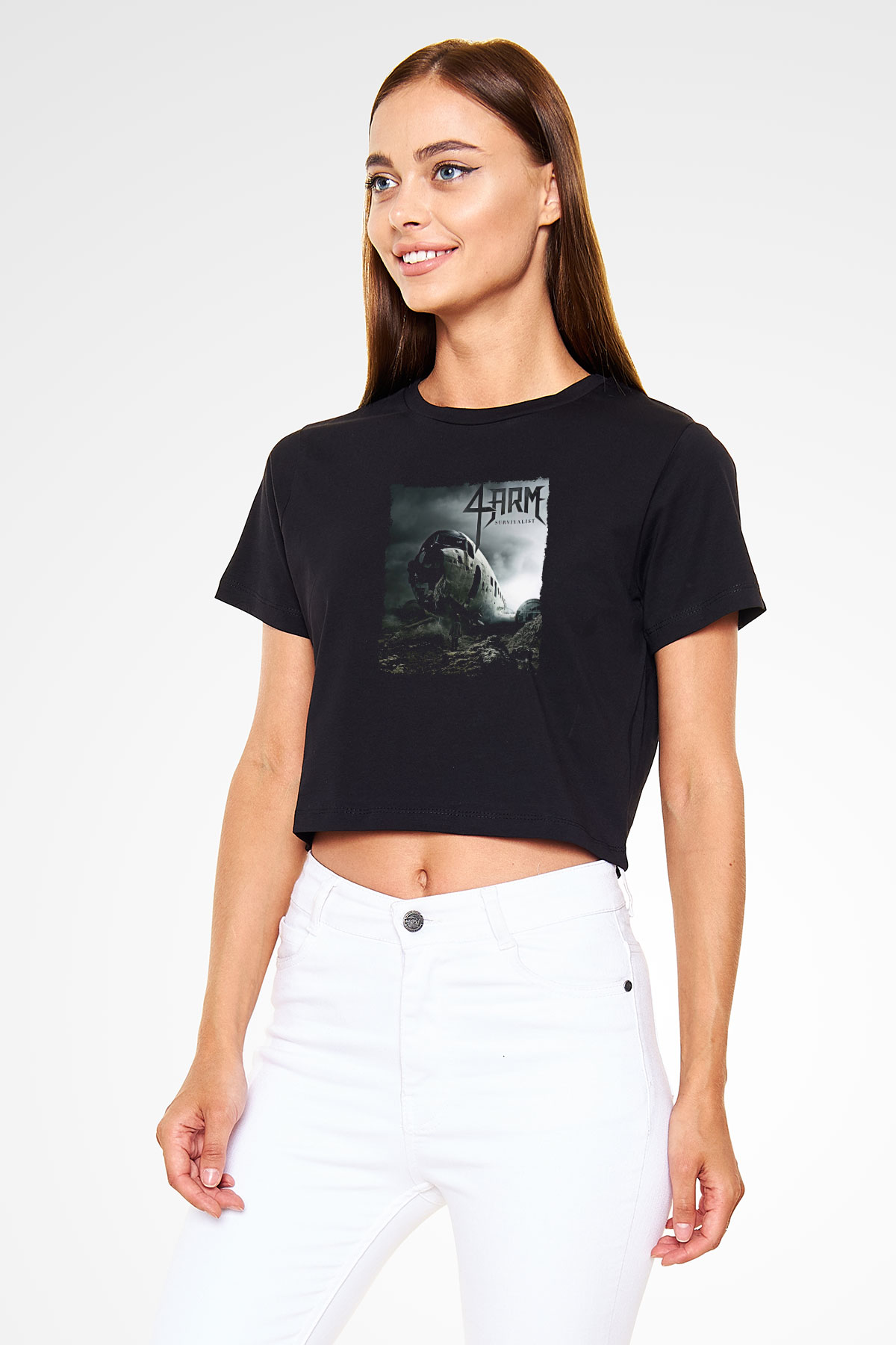 4arm Baskılı Siyah Crop Top Kadın Tişört - Tshirt