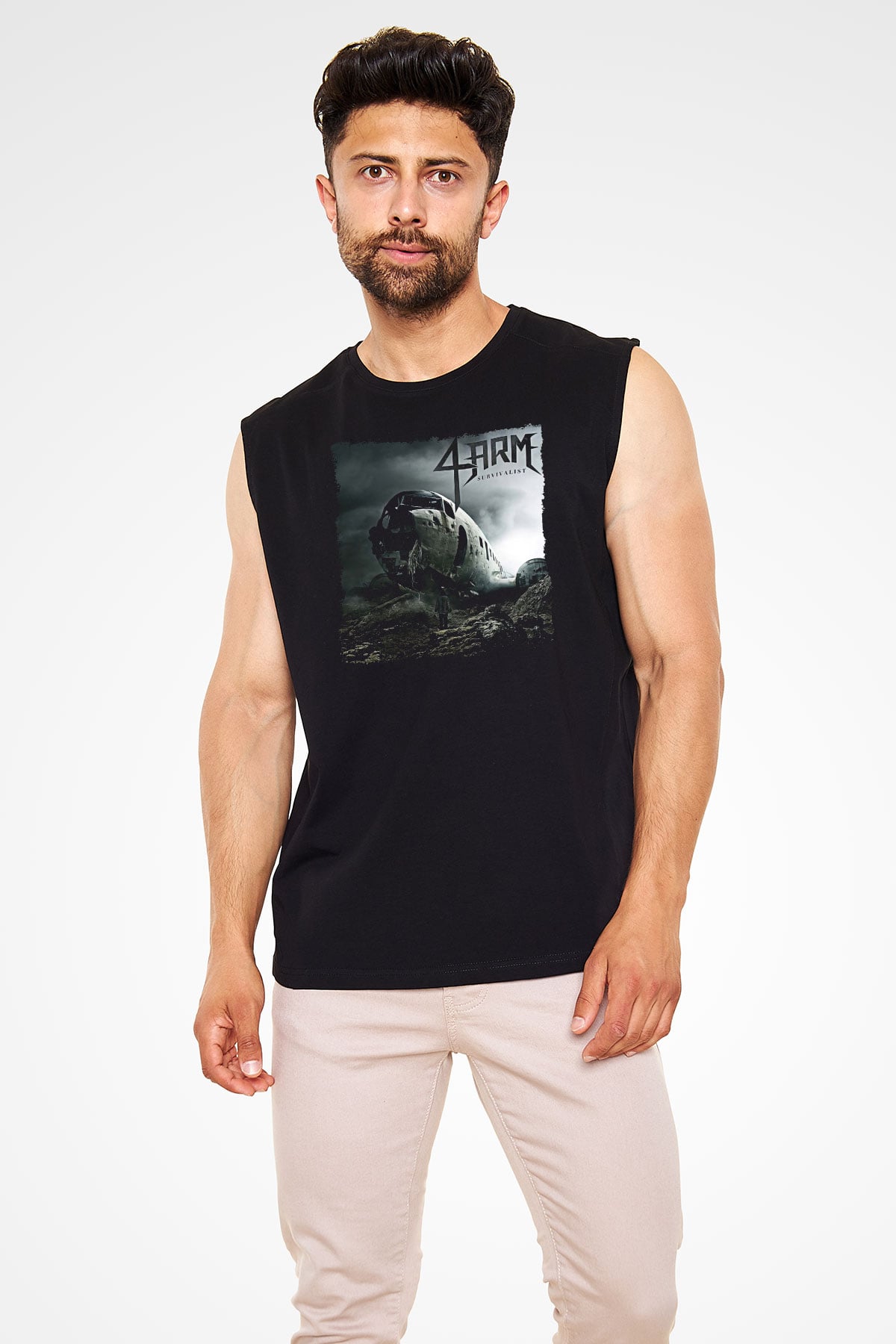 4arm Baskılı Unisex Siyah Kolsuz Tişört - Tshirt