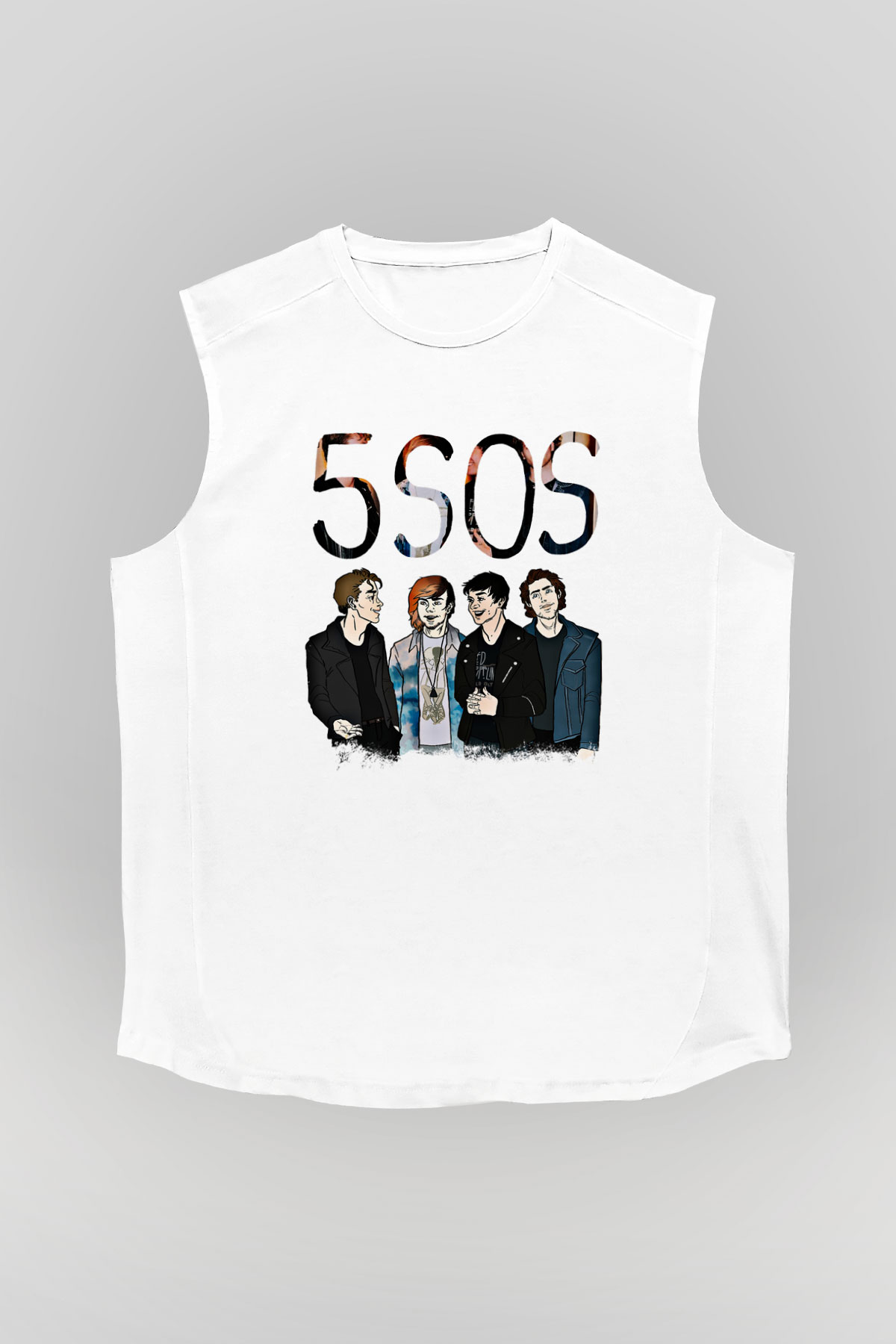 5 Seconds Of Summer Baskılı Unisex Beyaz Kolsuz Tişört