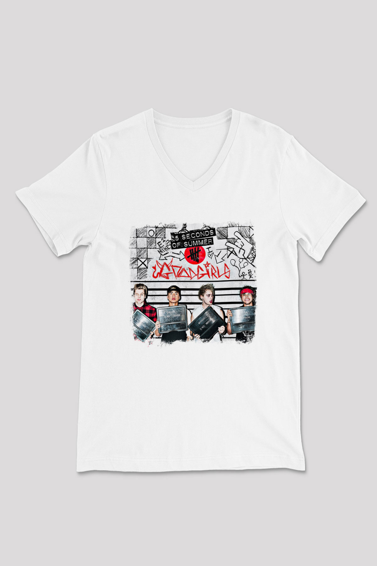 5 Seconds Of Summer Baskılı Unisex Beyaz V Yaka Tişört