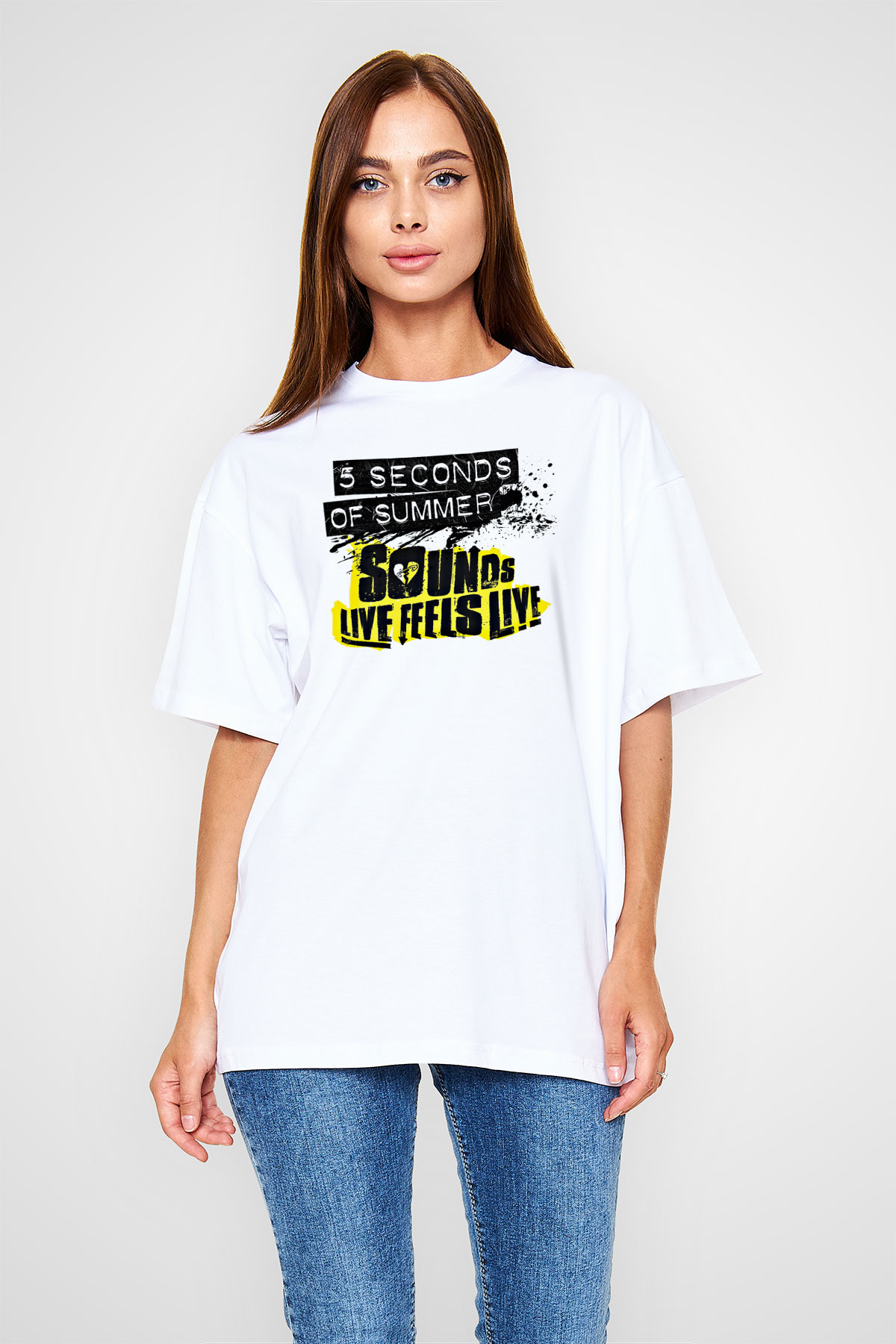 5 Seconds Of Summer Baskılı Unisex Beyaz Oversize Tişört