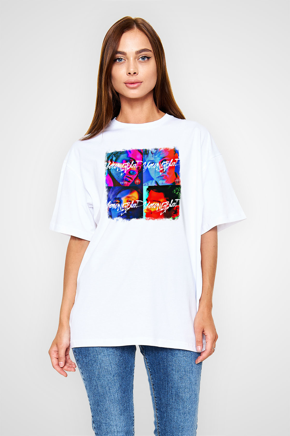 5 Seconds Of Summer Baskılı Unisex Beyaz Oversize Tişört