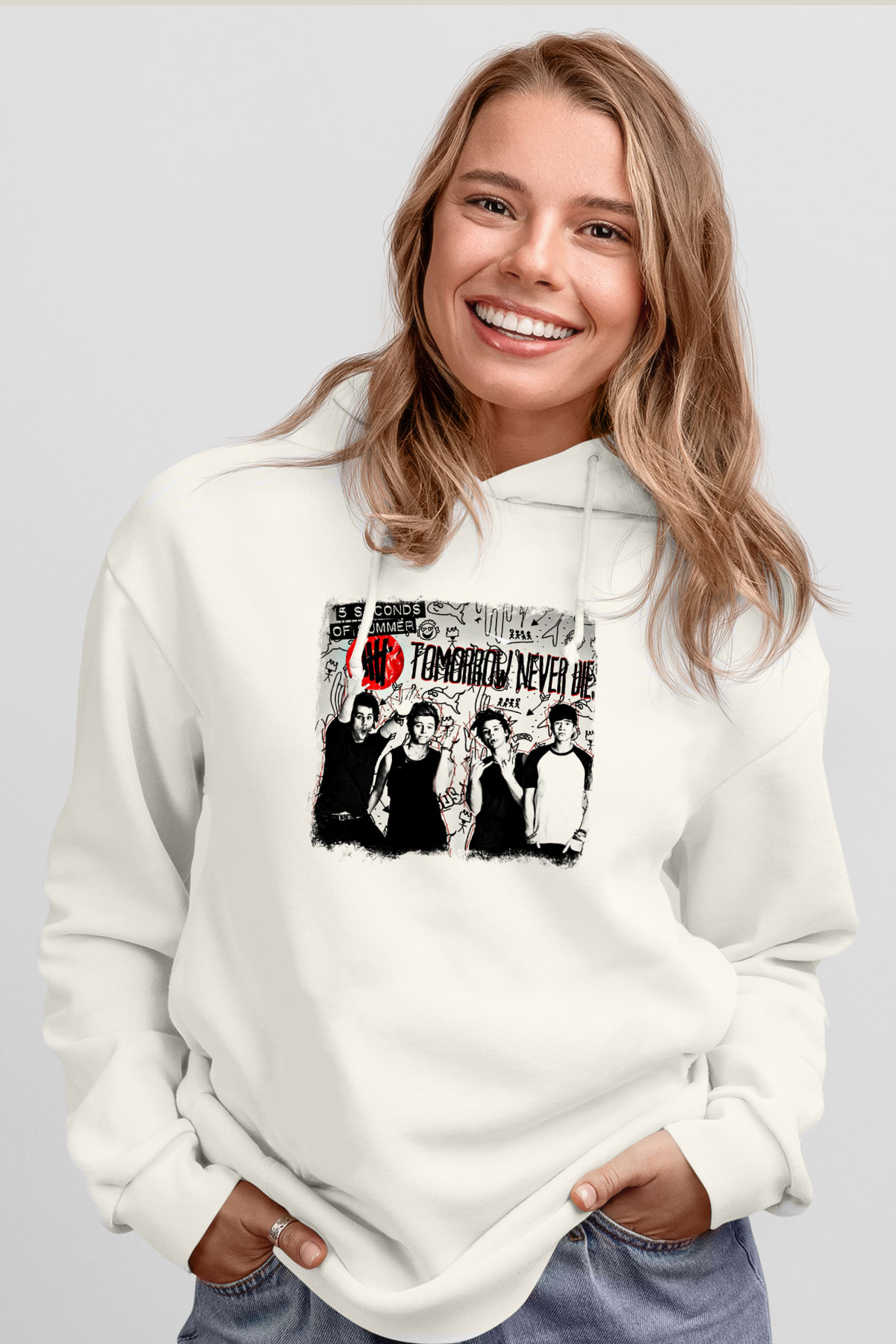 5 Seconds Of Summer Baskılı Unisex Beyaz Hoodie