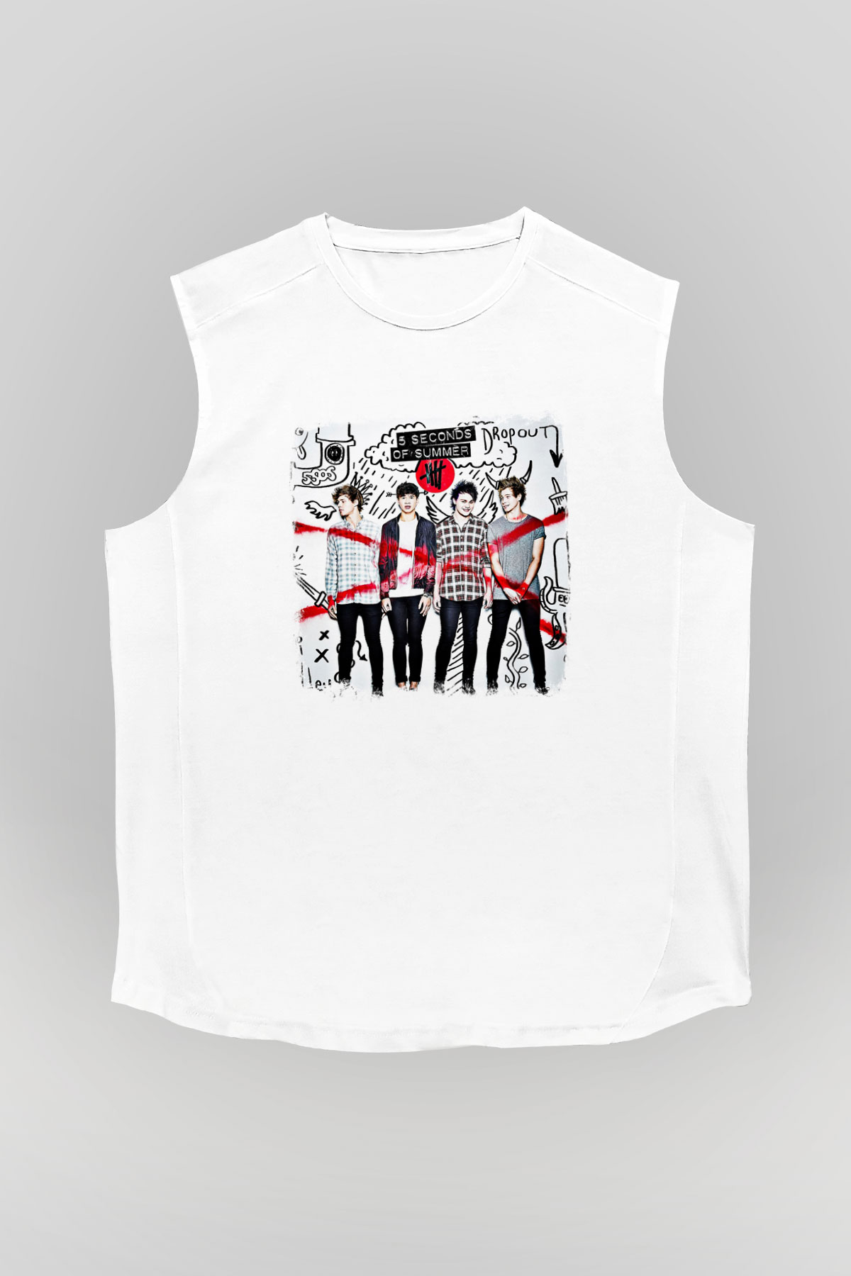 5 Seconds Of Summer Baskılı Unisex Beyaz Kolsuz Tişört