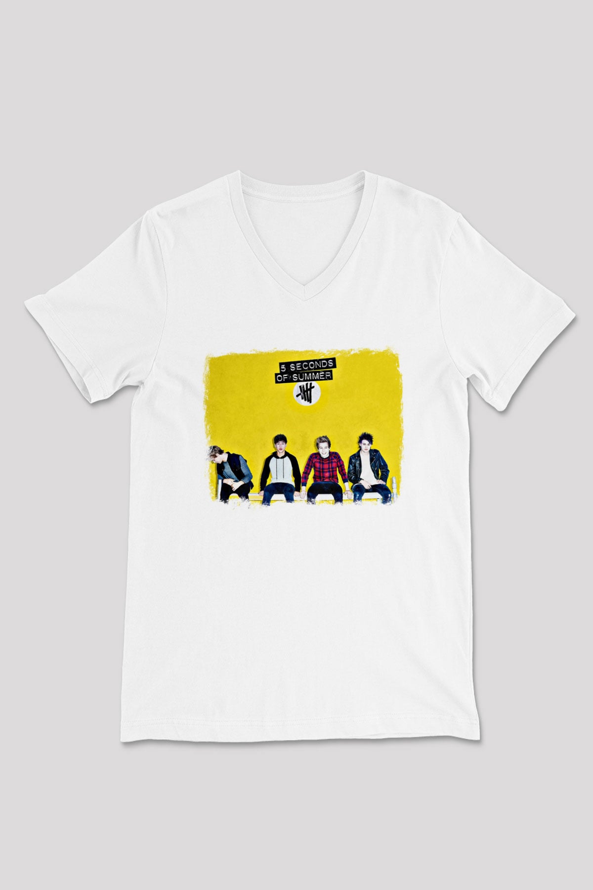 5 Seconds Of Summer Baskılı Unisex Beyaz V Yaka Tişört